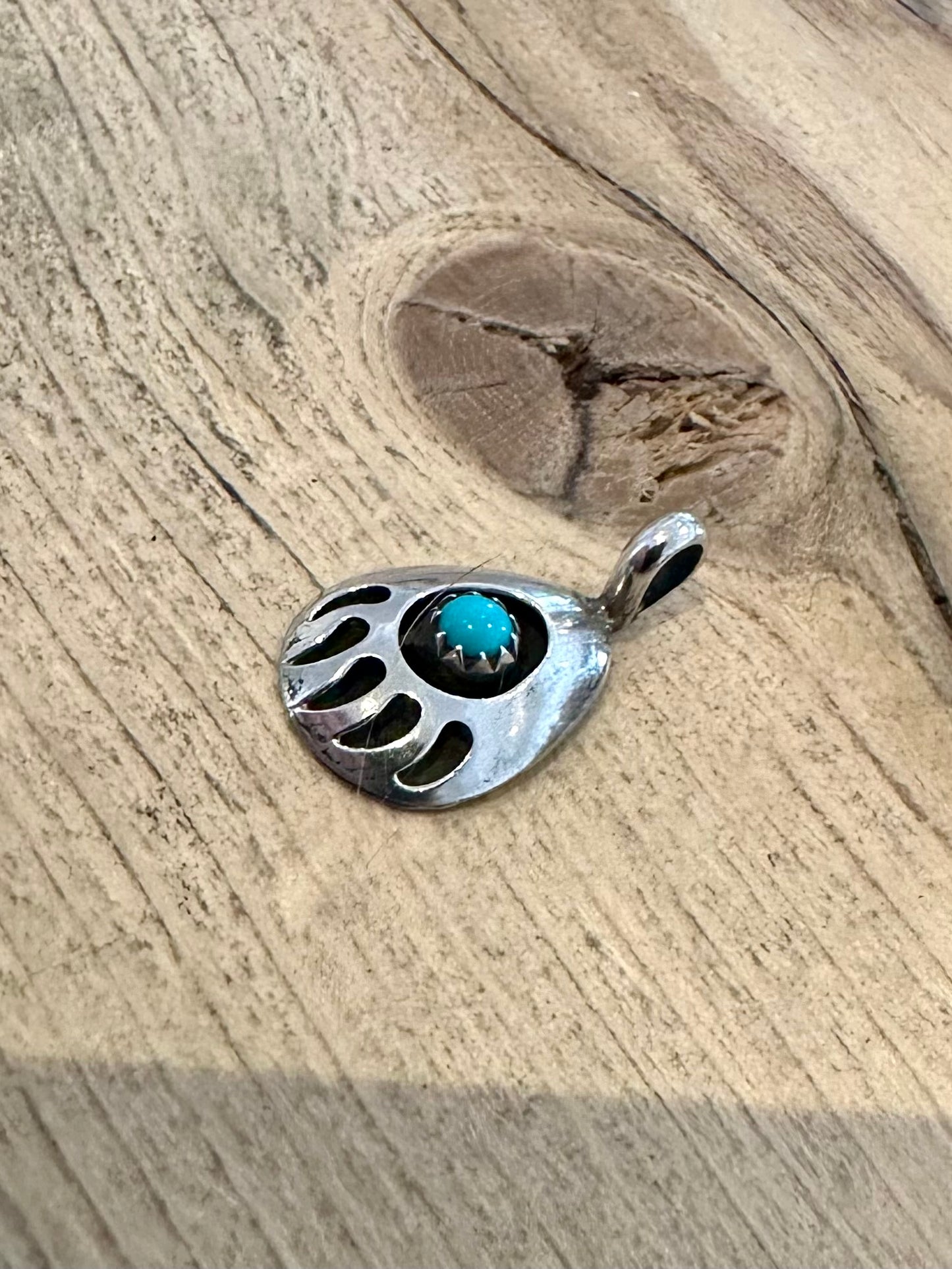 Vintage Navajo Turquoise Bear Claw Silver Pendant