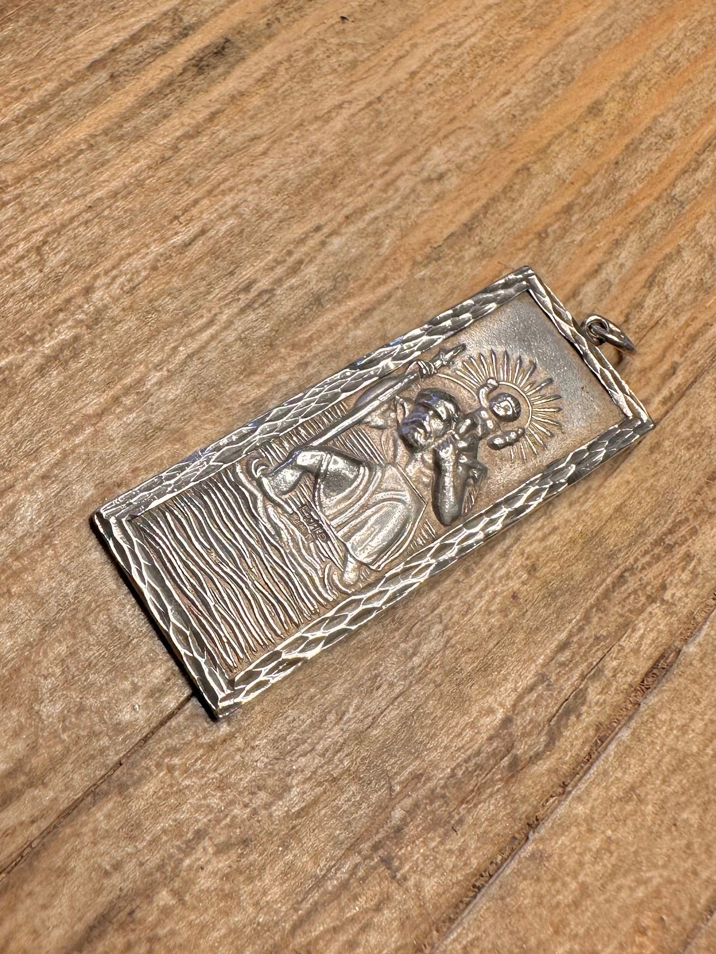 Vintage 1981 Heiliger Christophorus Rechteckiger 925 Sterling Silber Anhänger
