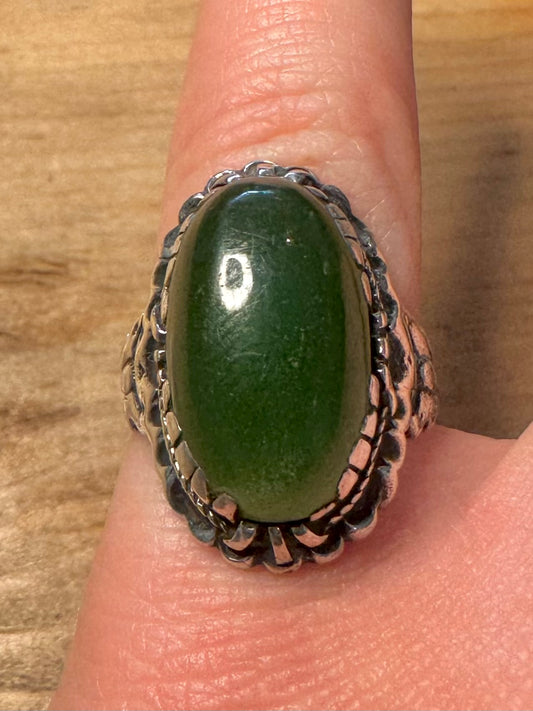 Vintage Ornate Jade 925 Silver Size M1/2 Ring