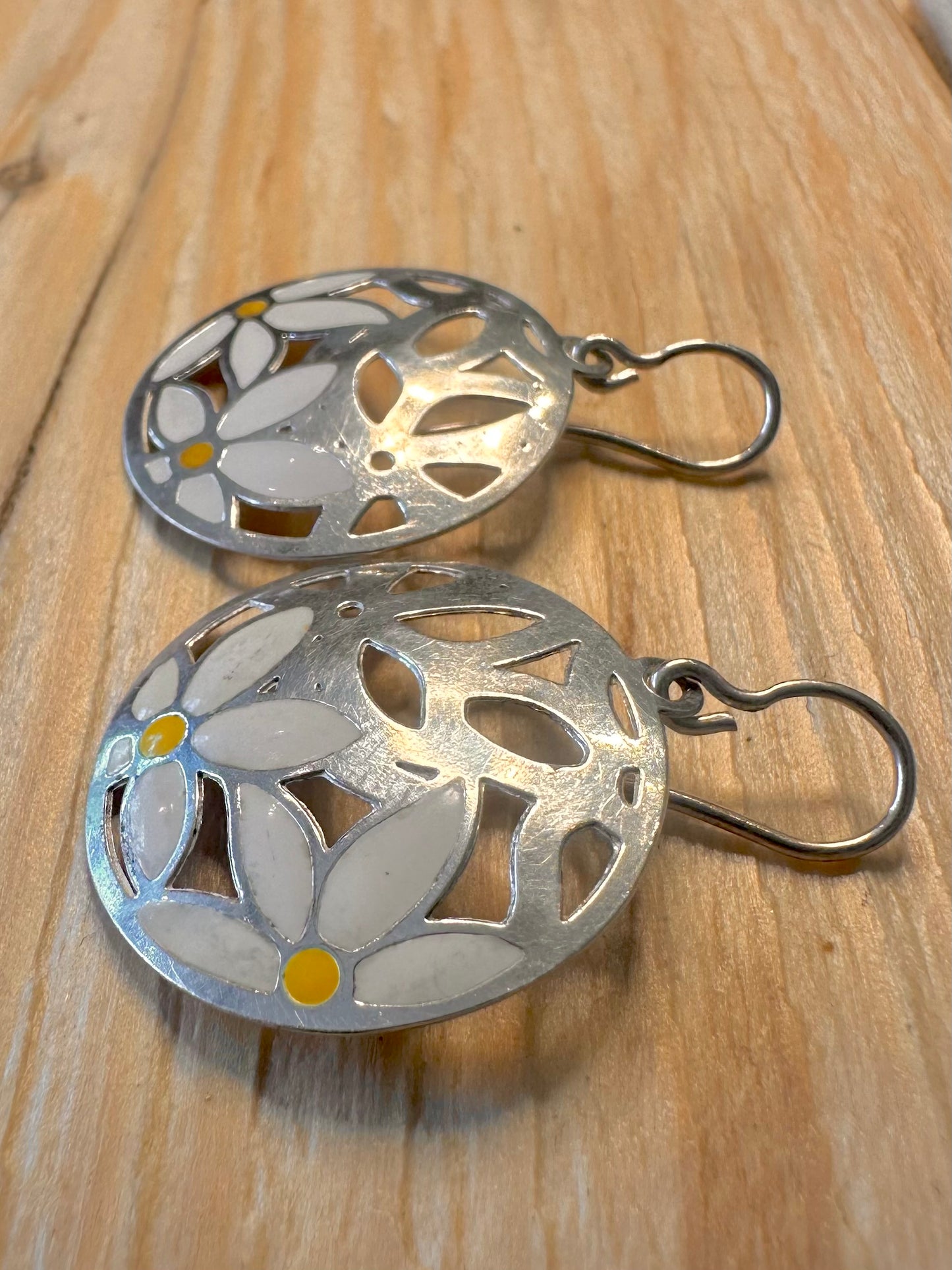 Vintage Enamel Flower Daisy 925 Silver Earrings