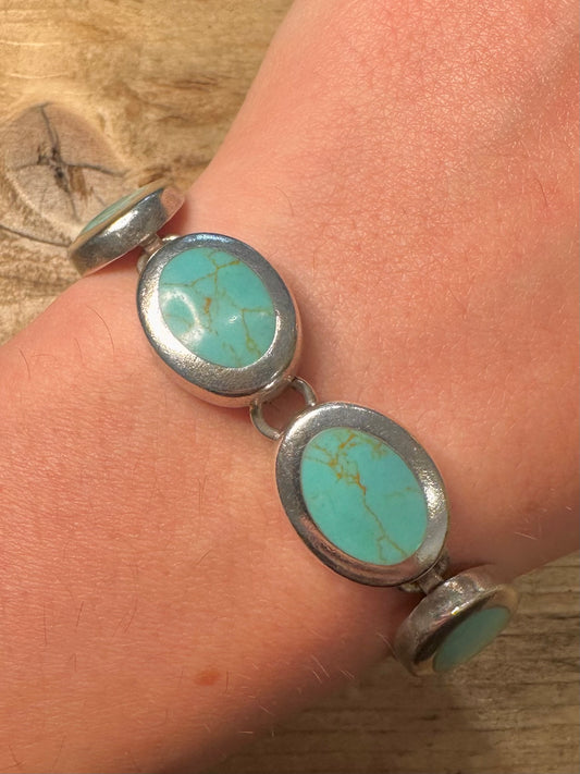 Vintage Polished Turquoise Oval Heavy Links T Bar 925 Silver Mexico Bracelet