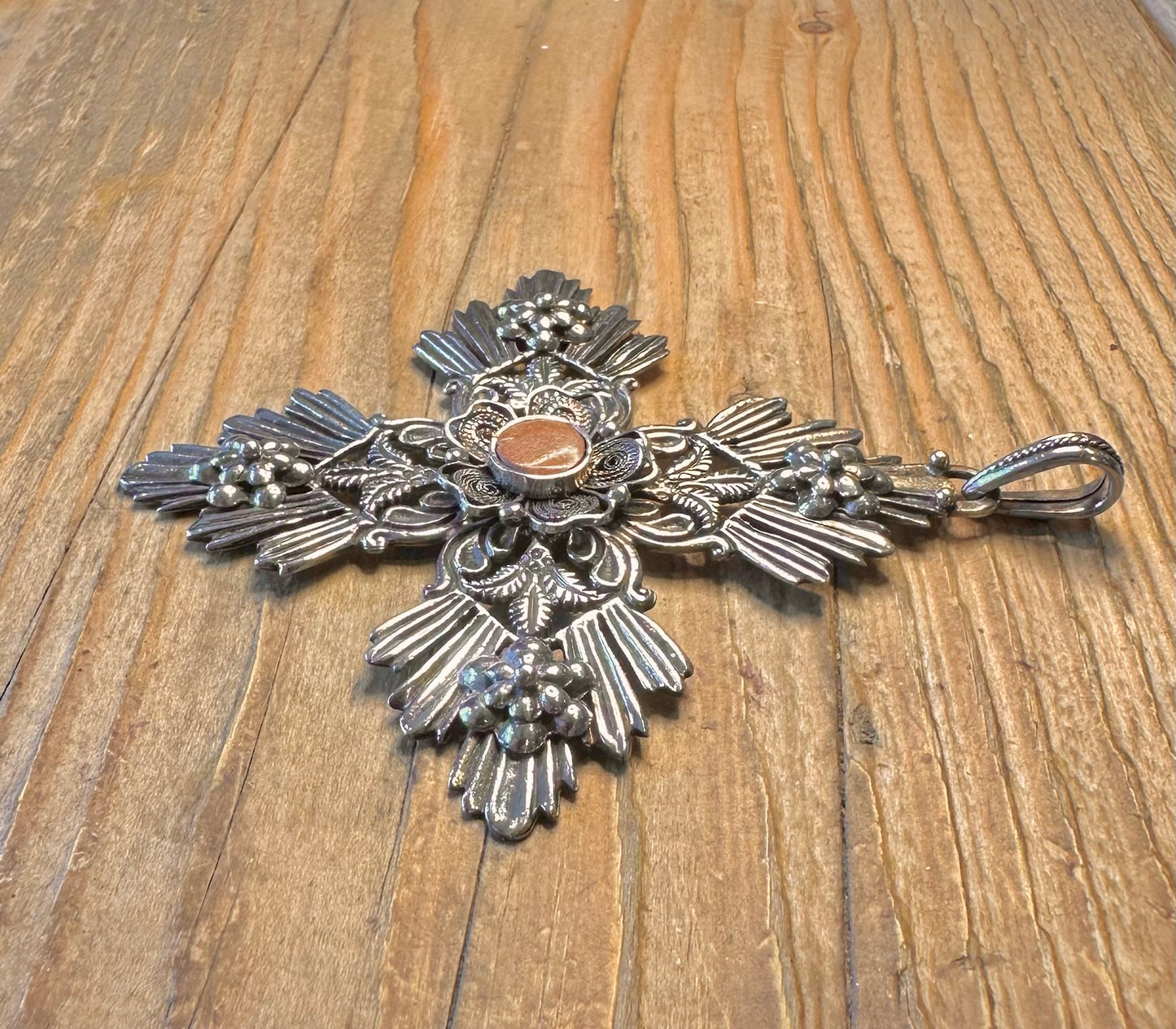 Large Decorative Floral Orange Filigree Cross 925 Sterling Silver Pendant