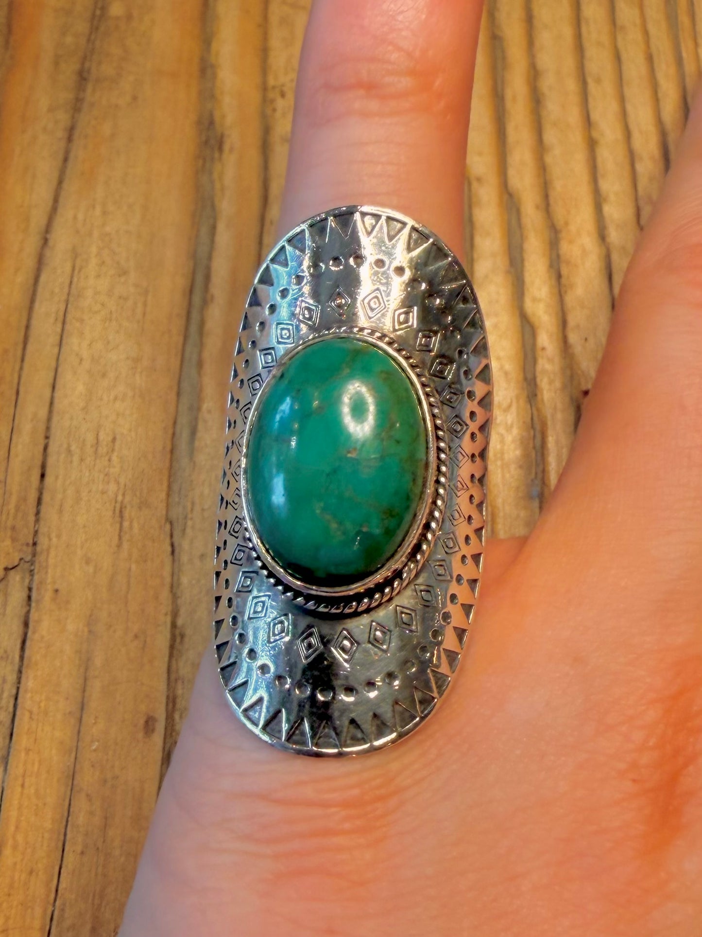 Long Southwestern Turquoise Etched 925 Sterling Silver Size M1/2 Ring