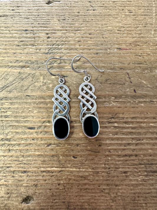 Vintage Black Stone Celtic Dangle 925 Silver Earrings