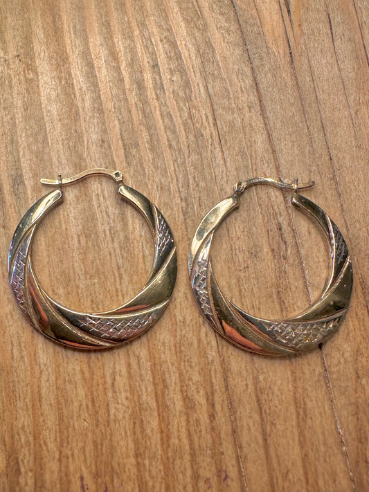 Vintage Textured Hoops 9ct Gold on 925 Silver Earrings