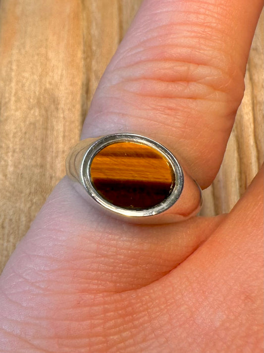 Vintage Tigers Eye Signet 925 Sterling Silver Size K1/2 Ring