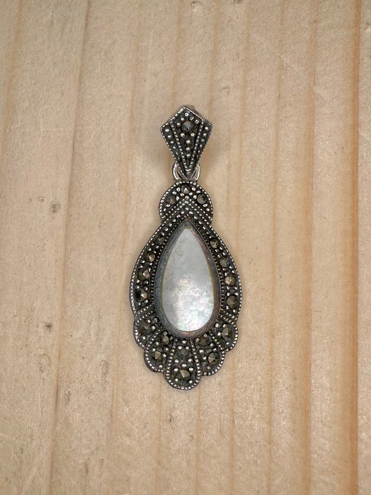 Marcasite & Mother of Pearl Teardrop 925 Sterling Silver Pendant