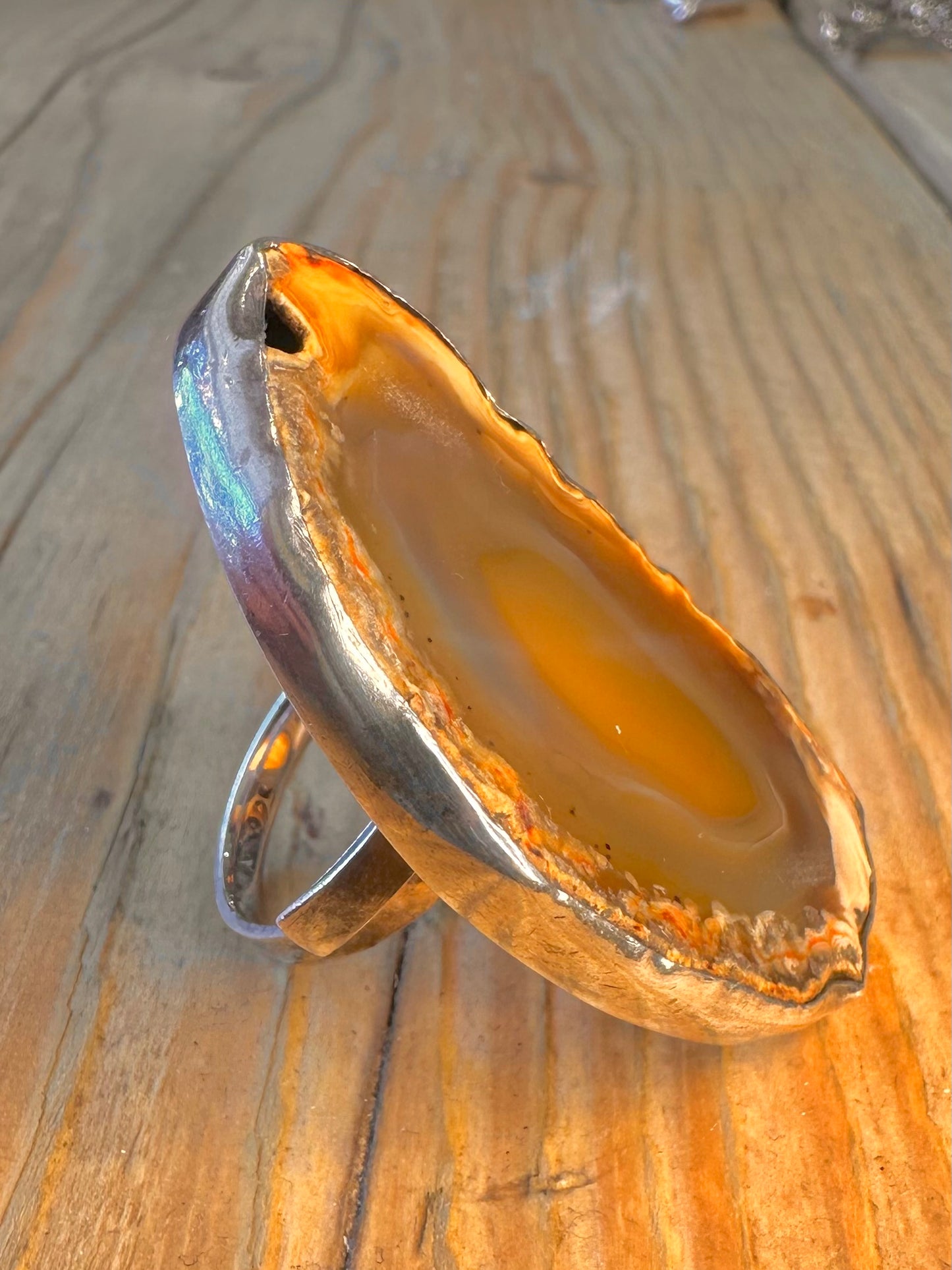 Sliced Polished Agate 925 Sterling Silver Size O Adjustable Ring