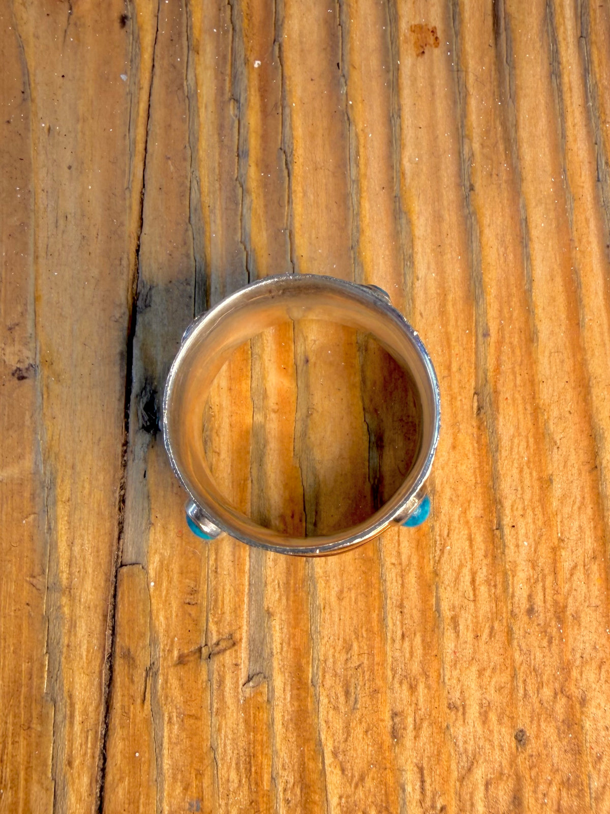 Engraved Band Turquoise with Copper and Brass Spinner Bands 925 Sterling Silver Size O1/2 Ring