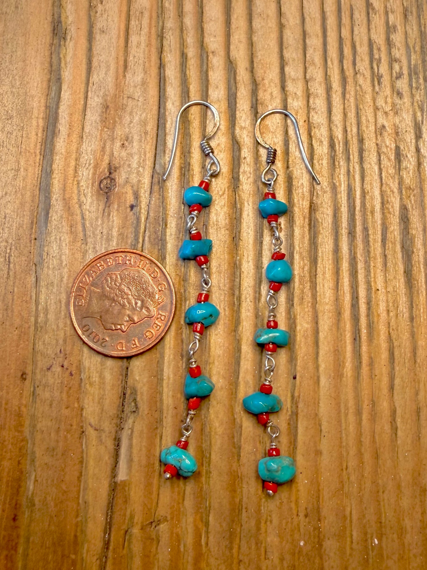 Turquoise and Coral Dangle 925 Sterling Silver Earrings