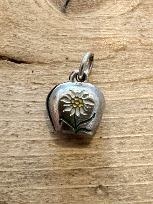 Vintage Enamelled Flower Edelweiss Bell Silver Charm Pendant