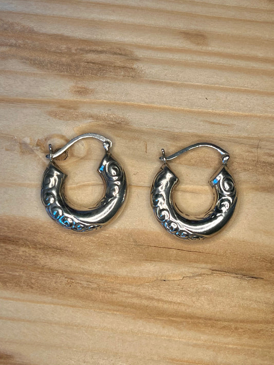 Small Chunky Embellished 925 Sterling Silver Hoop Earrings