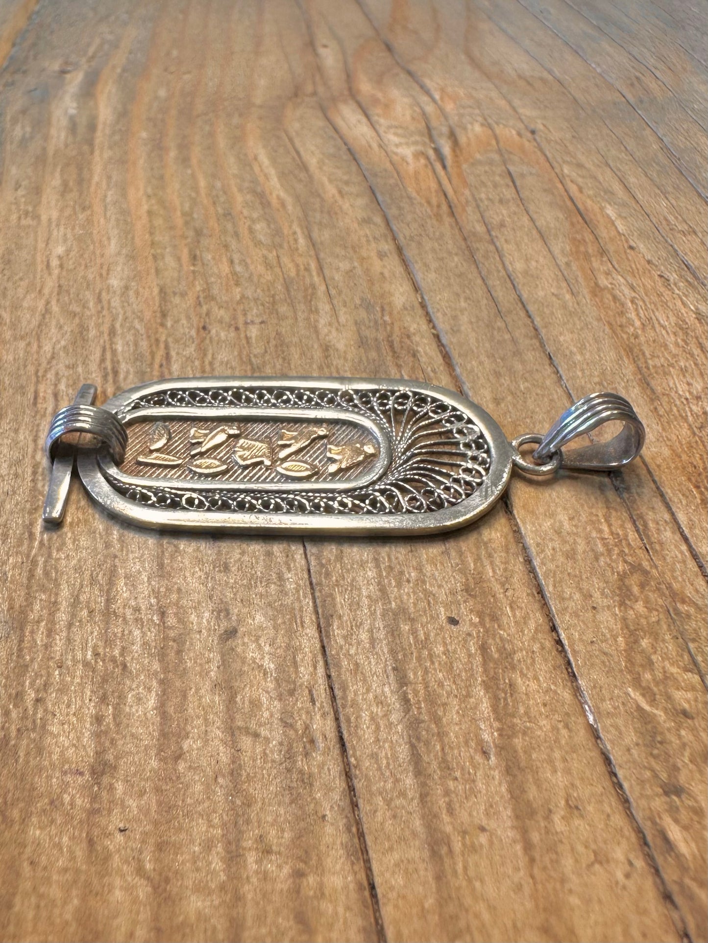 Egyptian Hieroglyphics Cartouche Gold and Silver Pendant