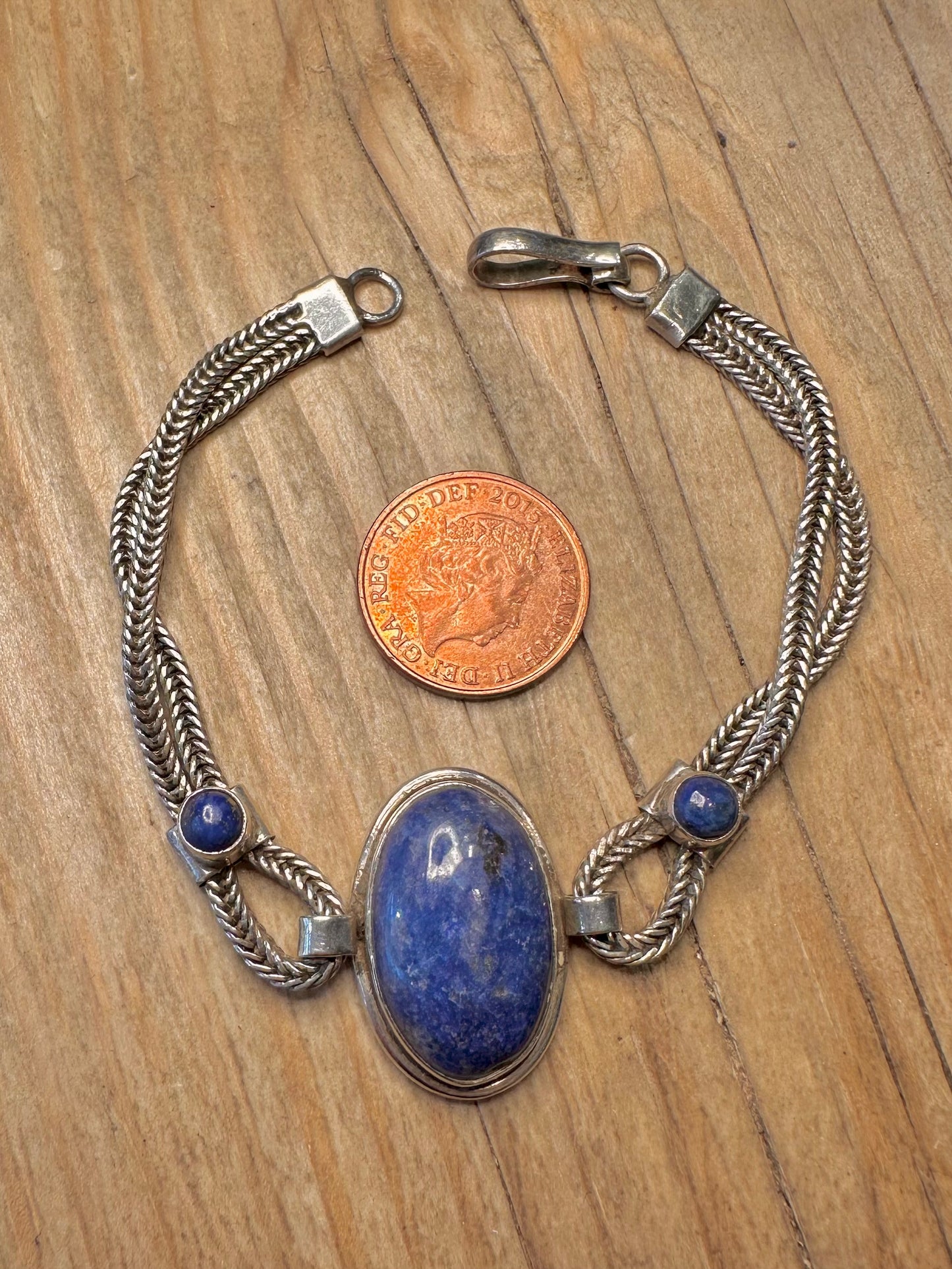 Vintage Lapis Woven Double 925 Sterling Silver 7.2 inch Bracelet
