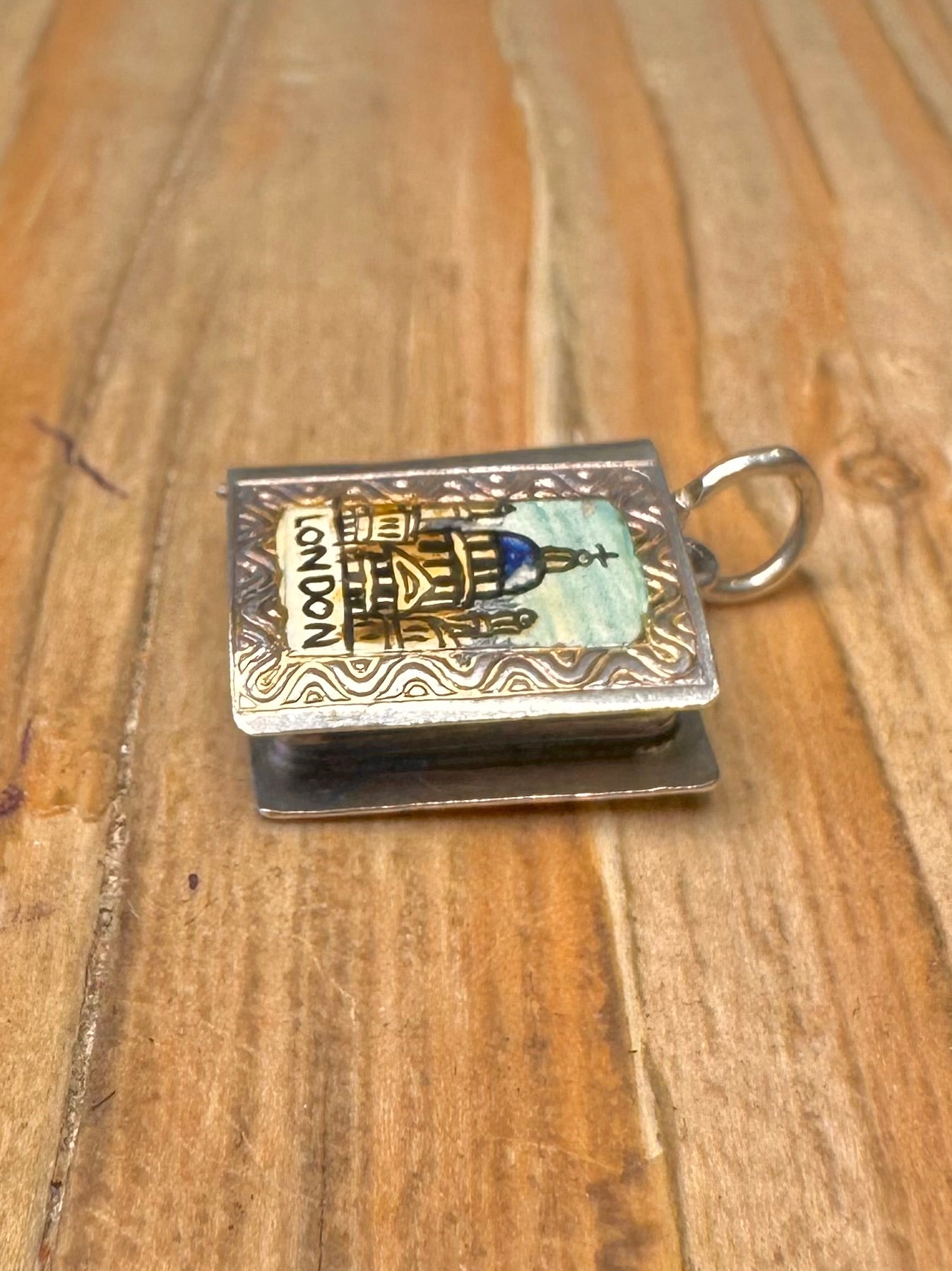 Vintage London Book Enamel with Paper Photos 925 Sterling Silver Charm Pendant