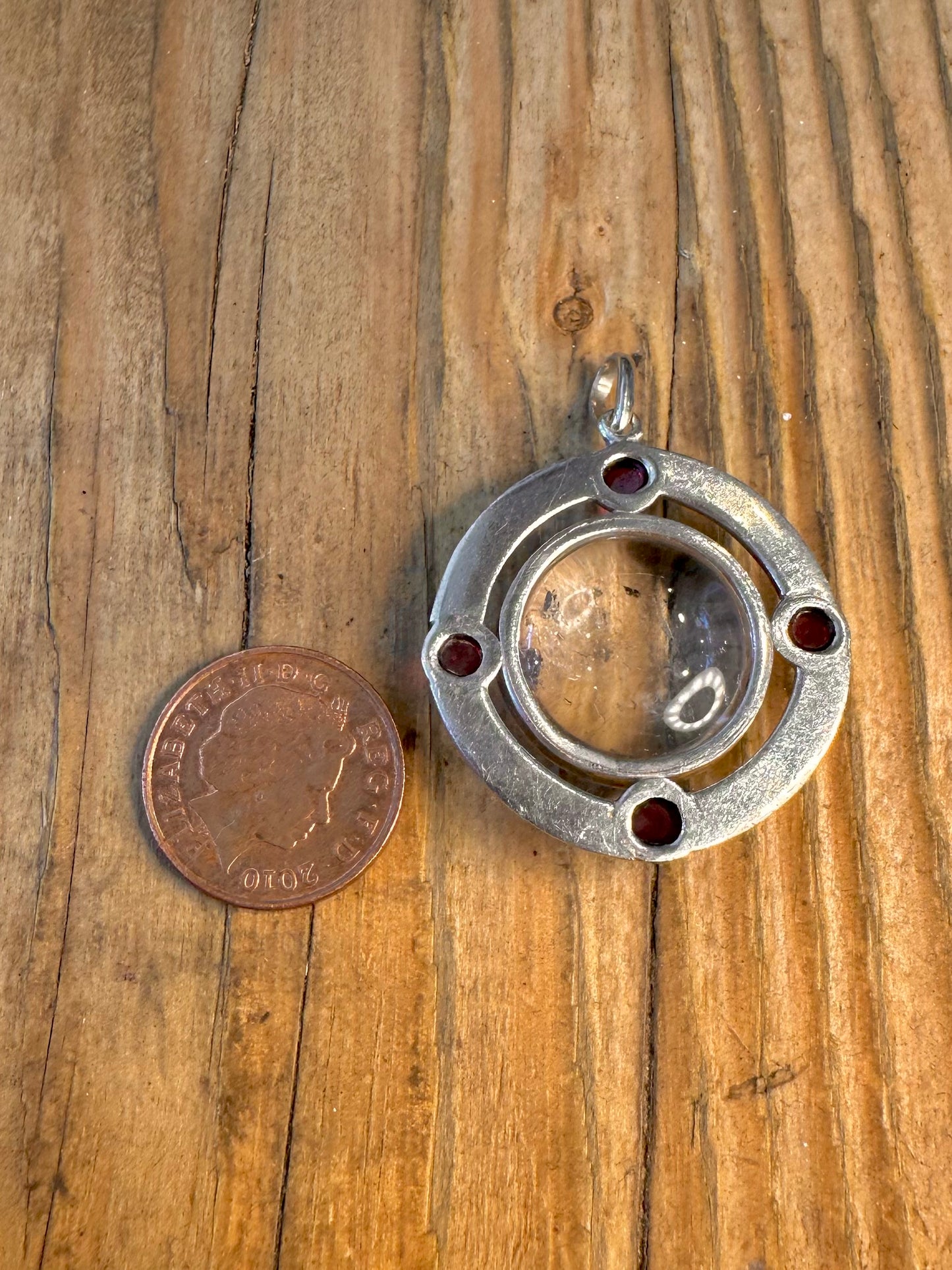 Clear Quarts and Garnet Circle 925 Sterling Silver Pendant