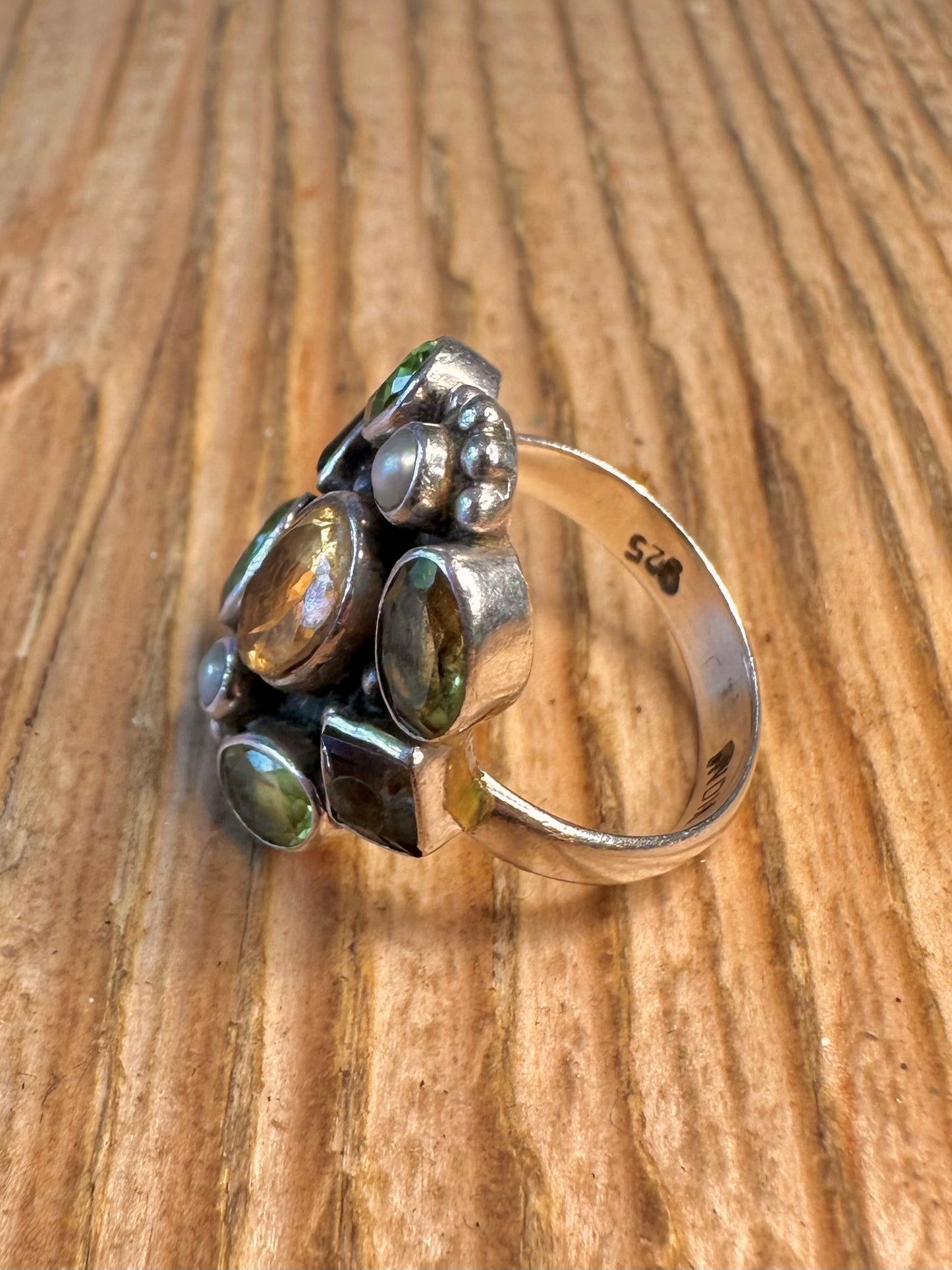 Citrine Peridot Smokey Quarts Pearl 925 Sterling Silver Size L Ring