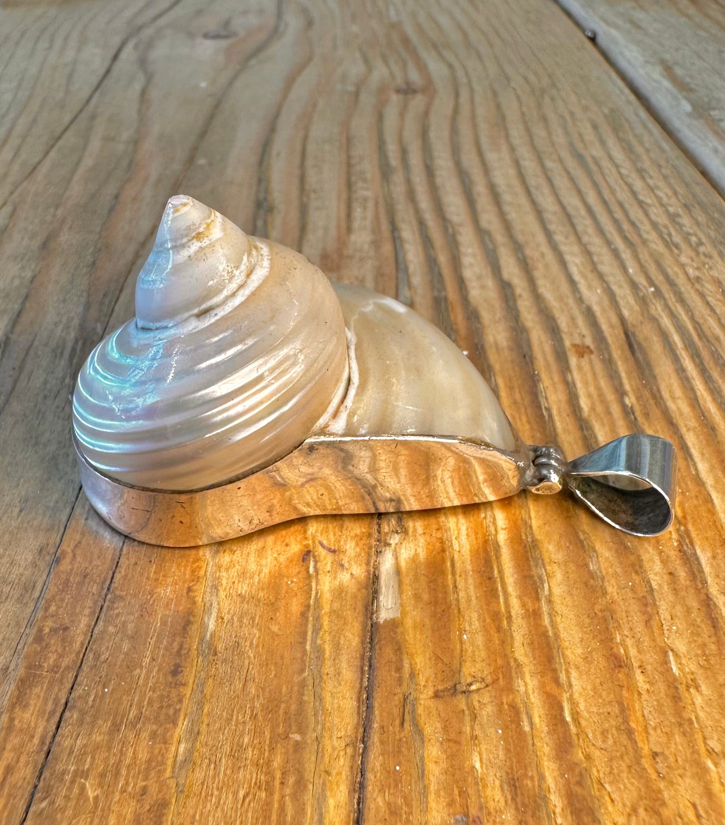 Large Natural Mother of Pearl Spiral Shell 925 Sterling Silver Pendant