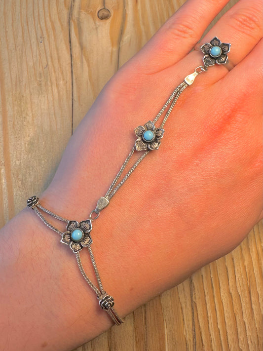 Vintage Flower Chain Blue Stone 925 Sterling Silver Size P 7 inch Ring Bracelet