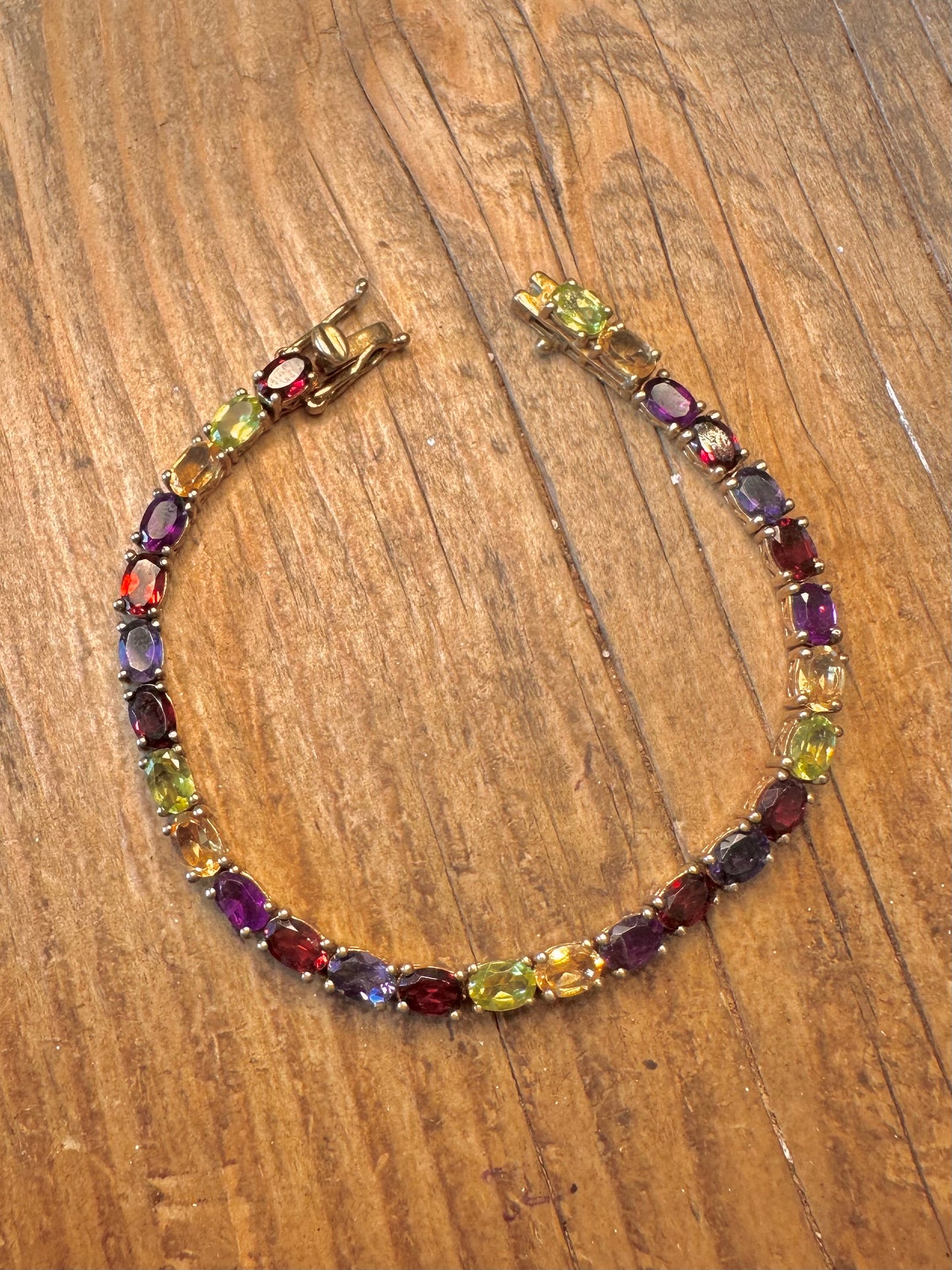 Multi Gemstone Oval Cut Gold on 925 Sterling Silver 7 inch Bracelet