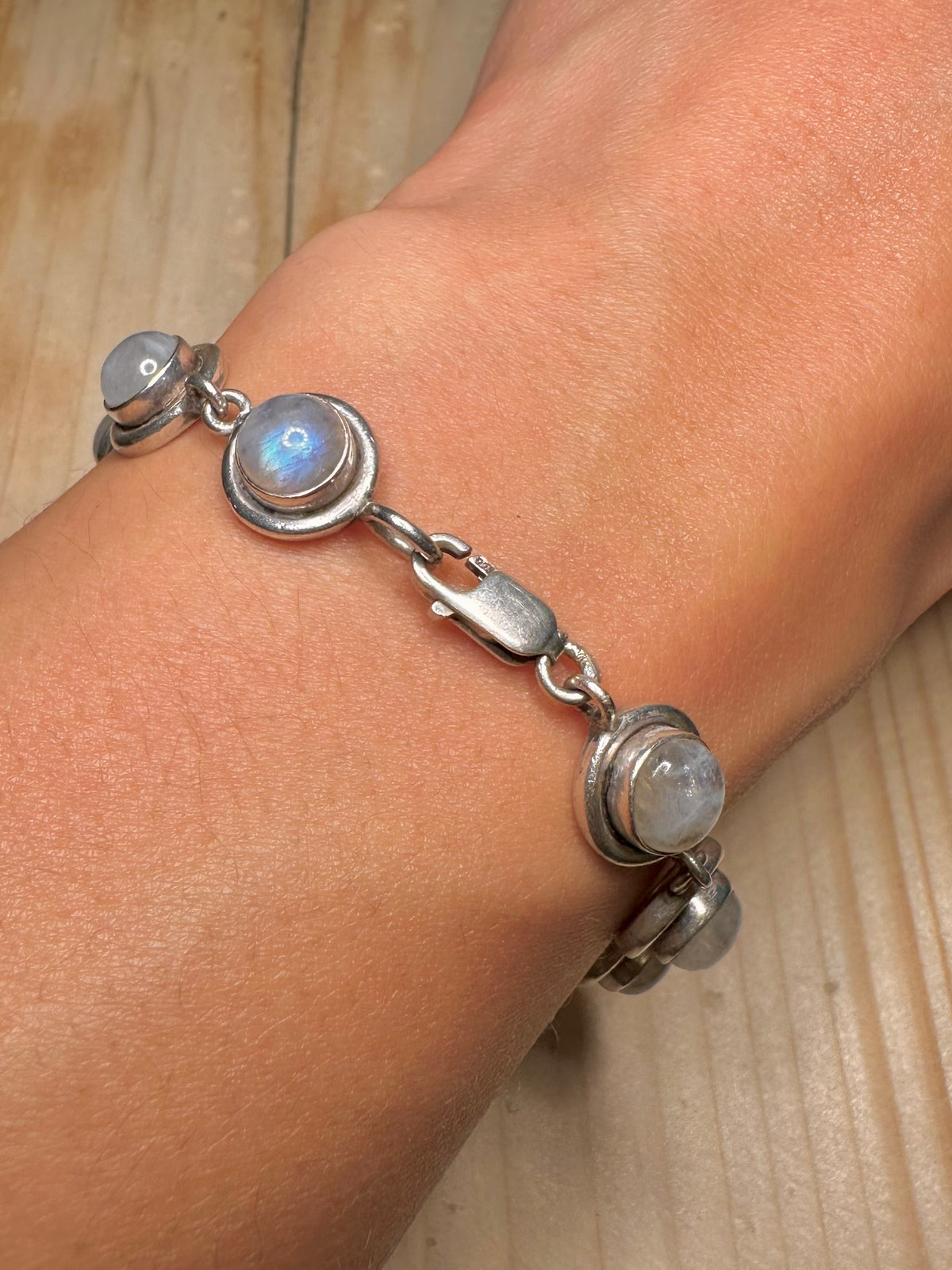 Rainbow Moonstone Circle Heavy Link 925 Sterling Silver 7 inch Bracelet