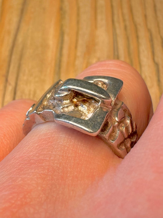 Vintage Chunky Textured Buckle 925 Sterling Silver Size Q Ring