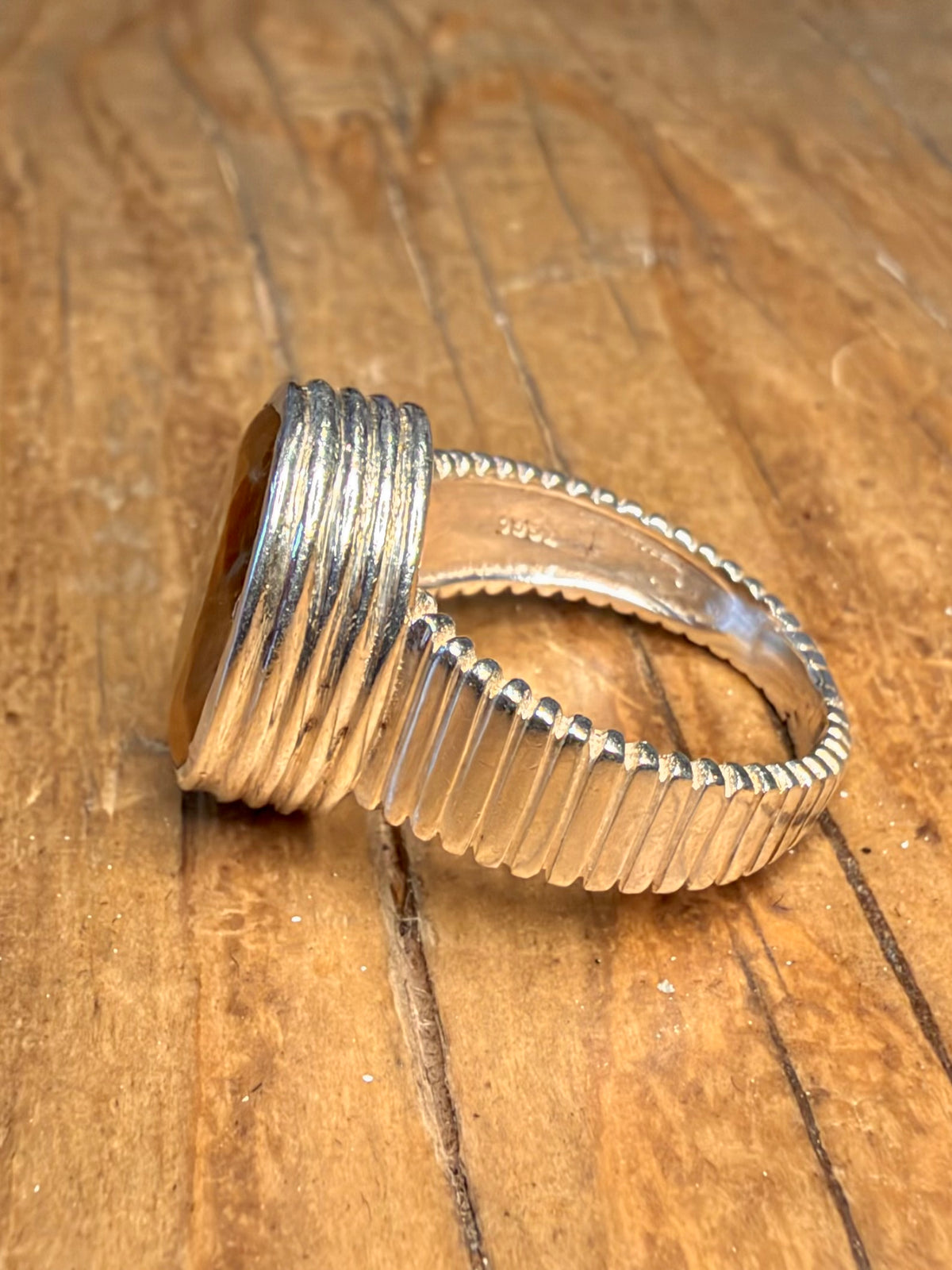 Tigers Eye Faceted Textured 925 Sterling Silver Size O Ring