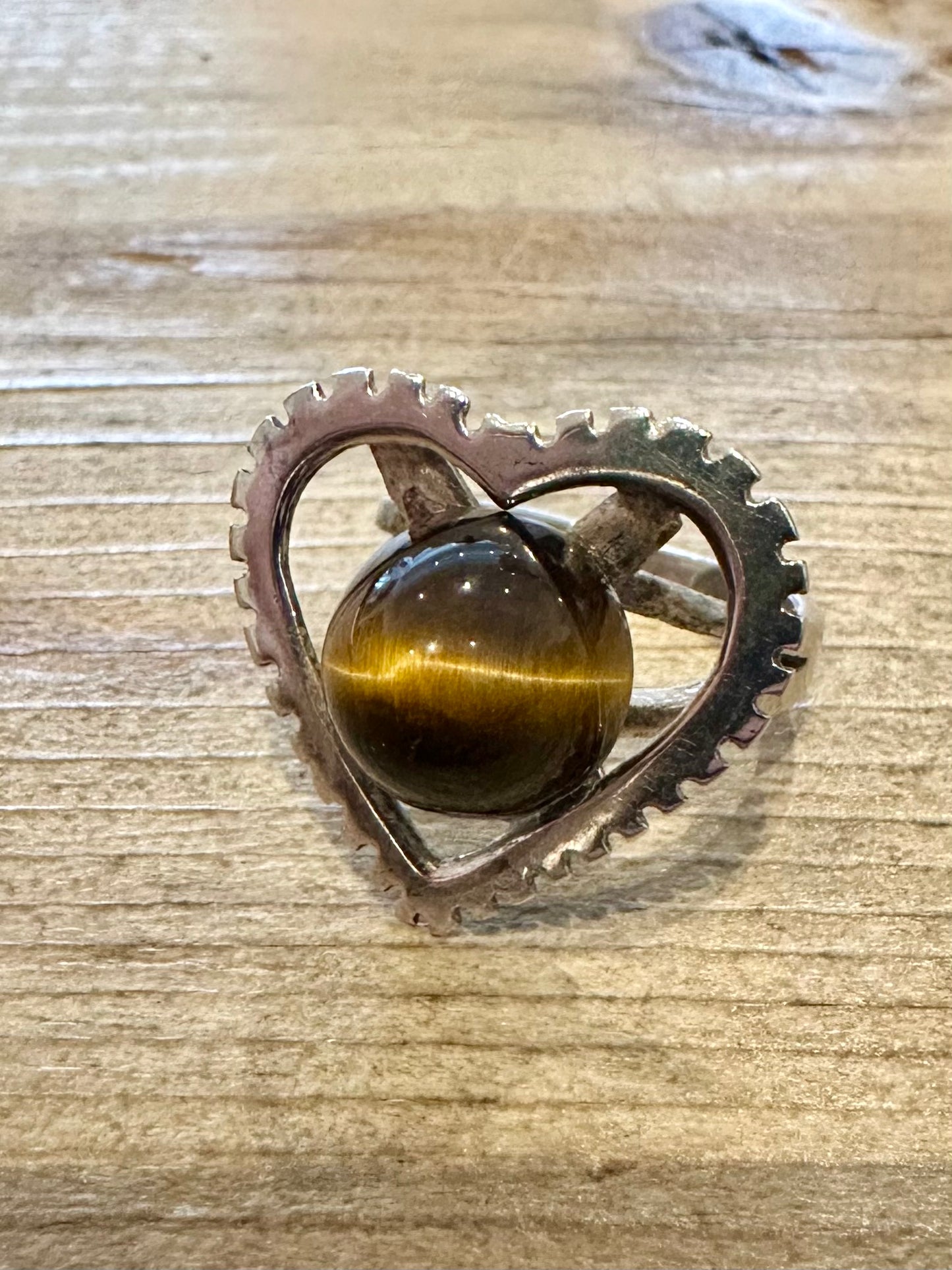 Abstract Heart Shaped Tigers Eye 925 Silver Size N Ring