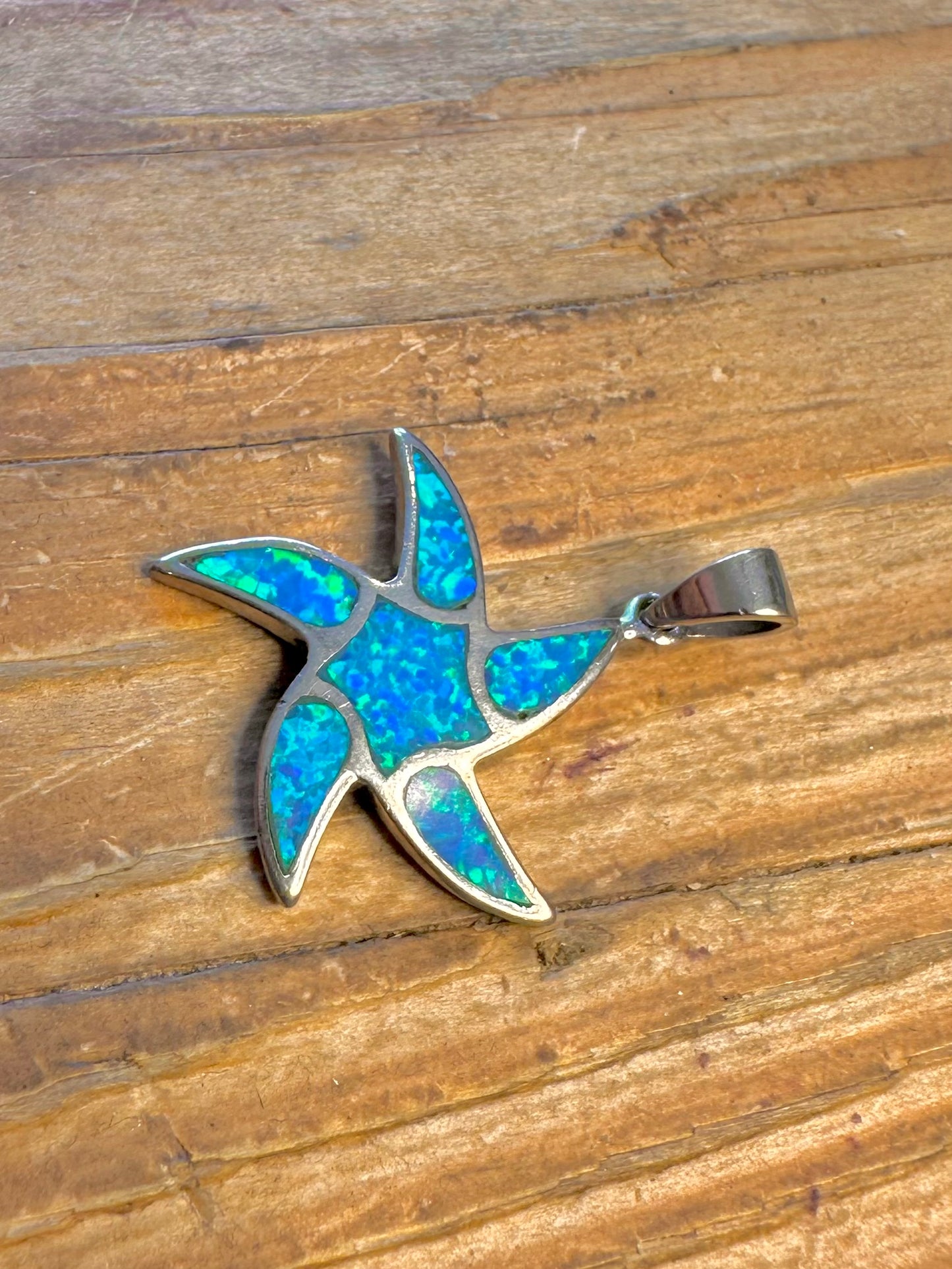 Blue Opal Simulated Star Fish 925 Sterling Silver Pendant