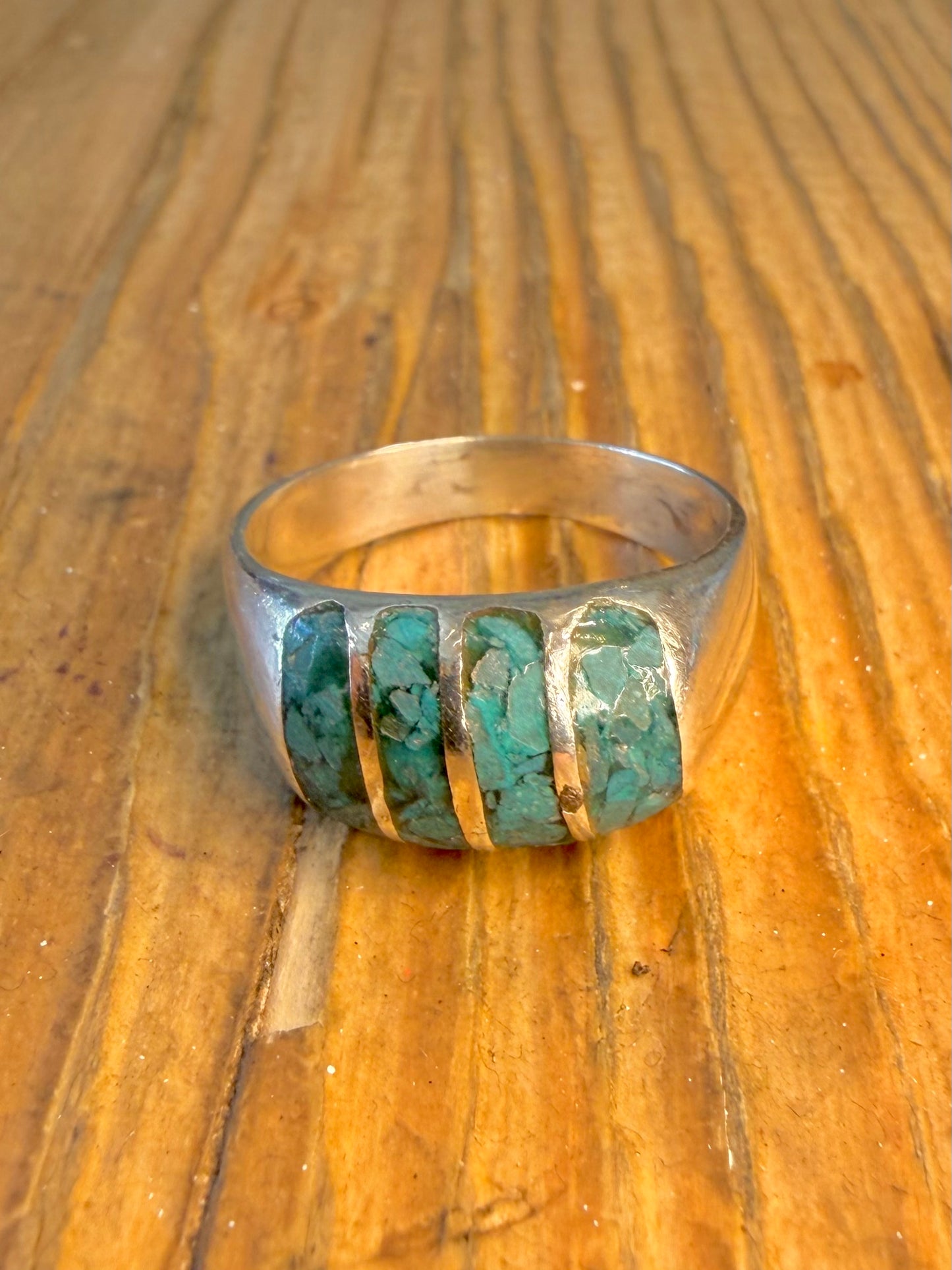 Chunky Turquoise Inlay Mexico 925 Sterling Silver Size W Ring