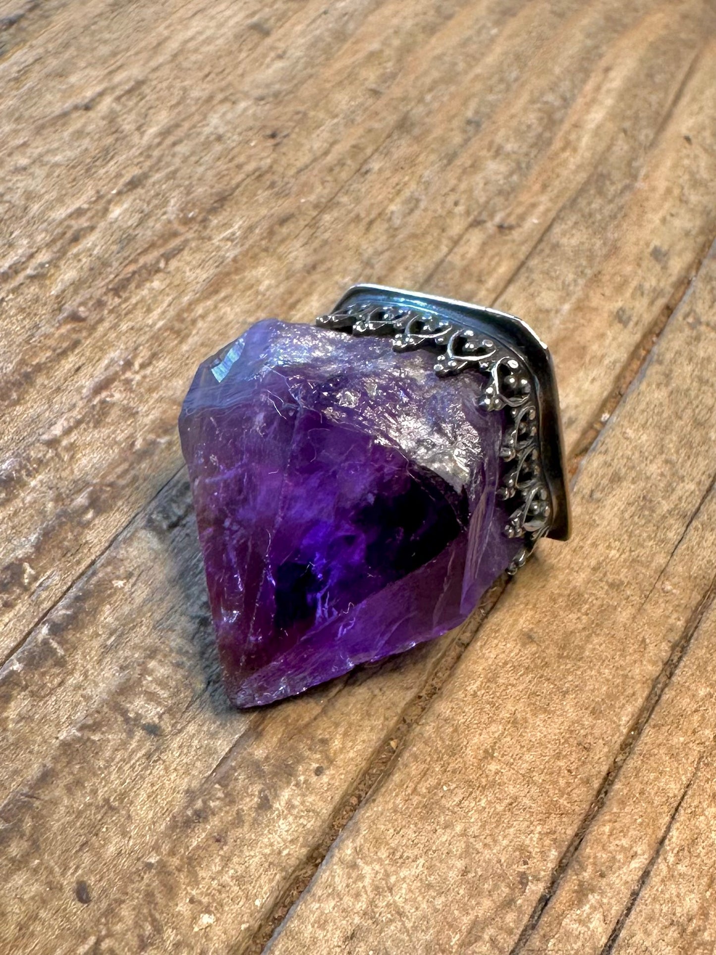 Raw Amethyst Ornate Mount Silver Pendant