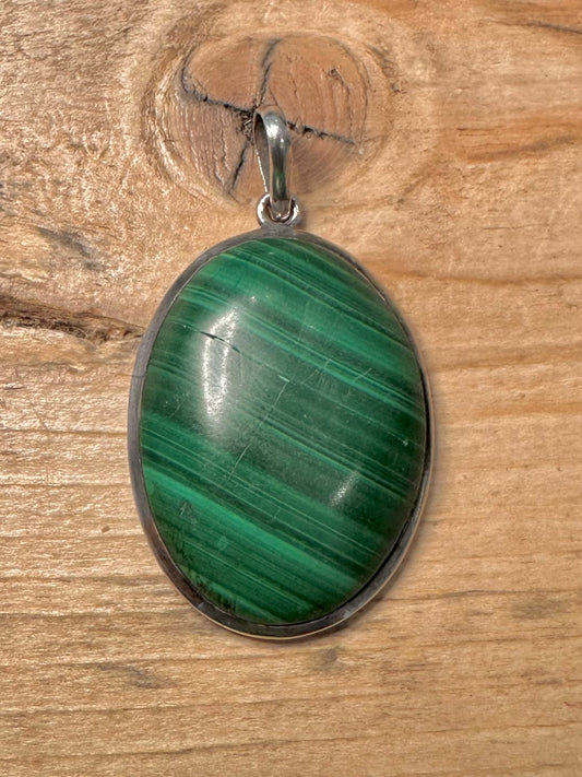 Vintage Malachite Oval 925 Silver Pendant