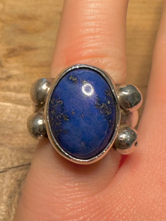 Vintage Chunky Heavy Lapis 925 Silver Size N Ring