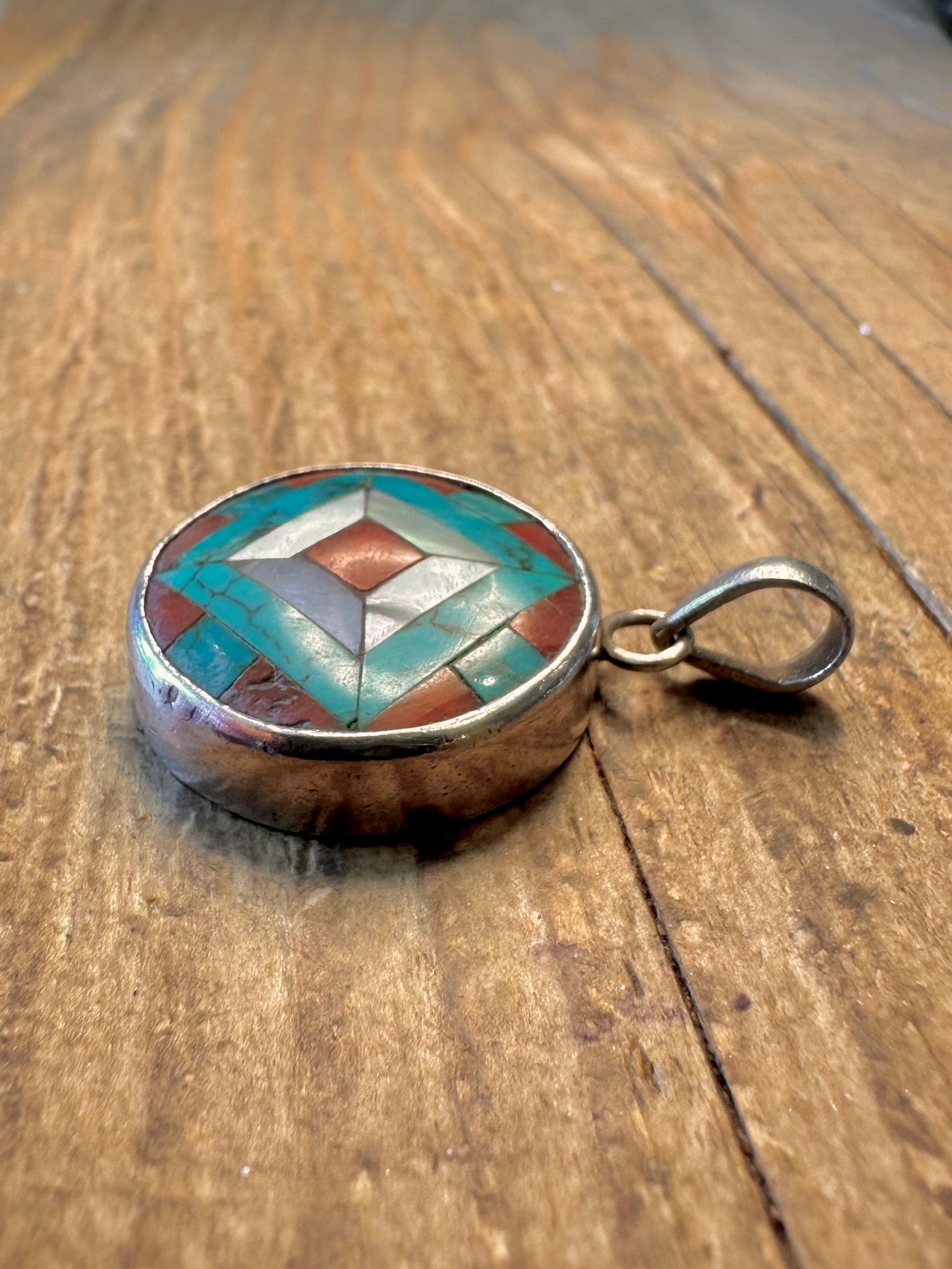 Southwestern Coral Turquoise Mother of Pearl Silver Pendant