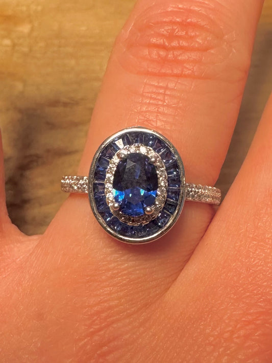 Modern Blue and White Stones 925 Silver Size Q Ring