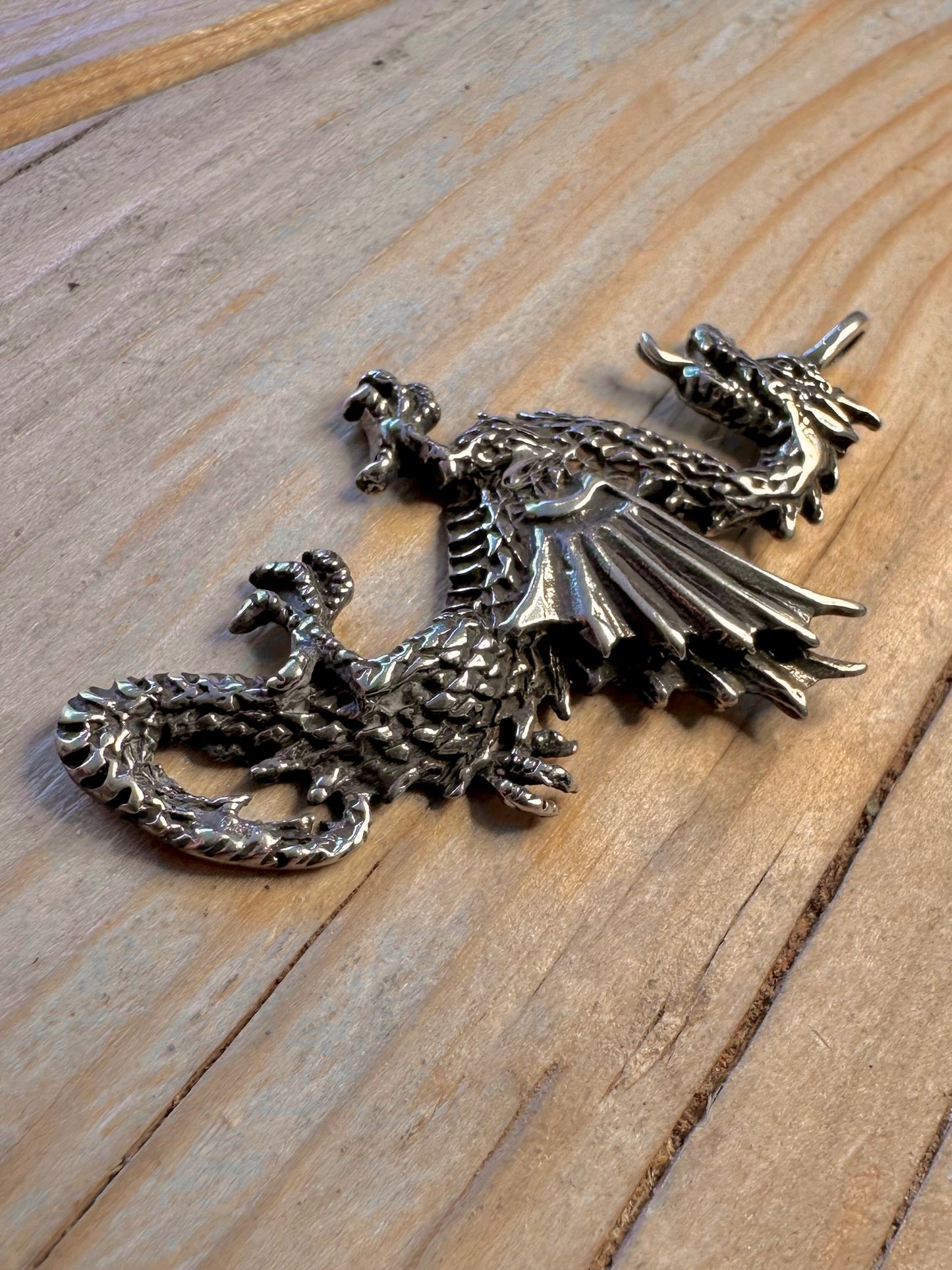Vintage Large Textured Dragon 925 Silver Pendant