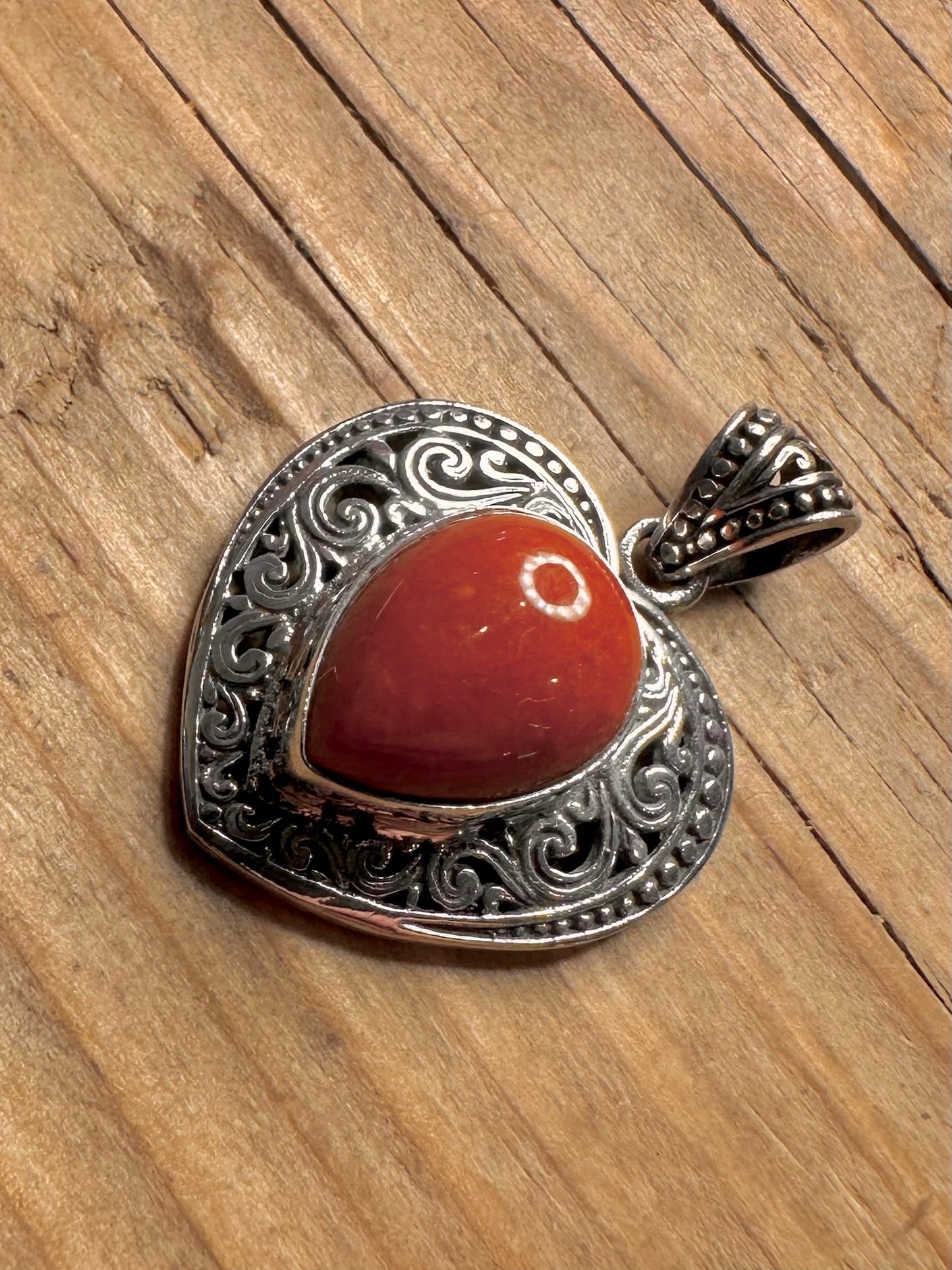 Vintage Red Jasper Heart Filigree 925 Sterling Silver Pendant