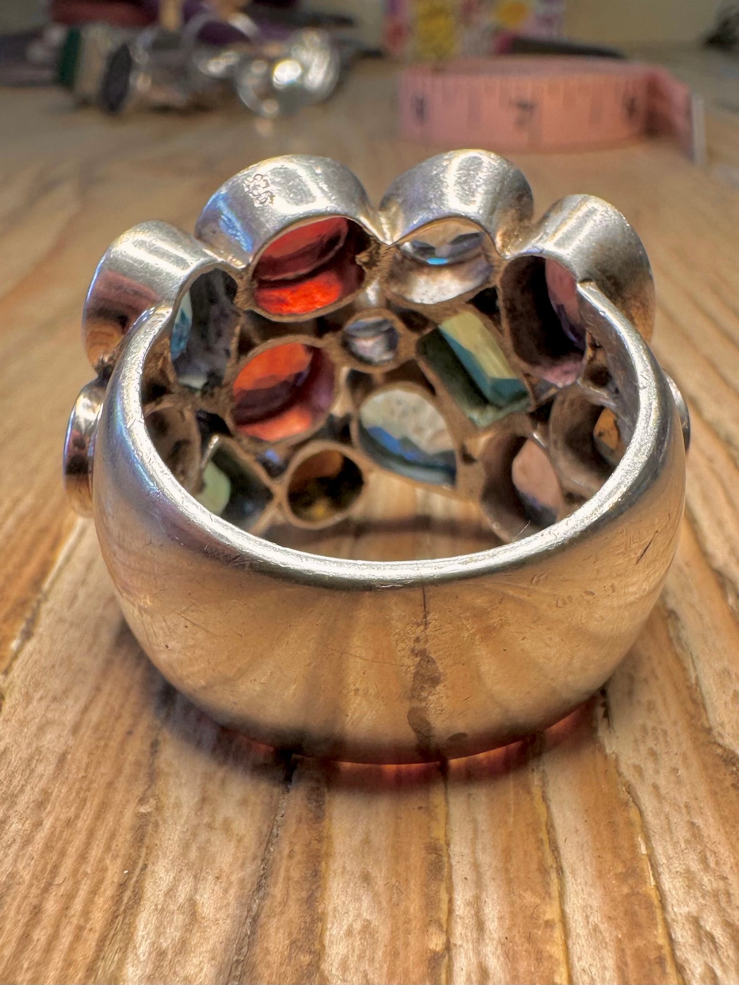 Modernist Chunky Multi Gemstone 925 Sterling Silver Size Z+3 Ring