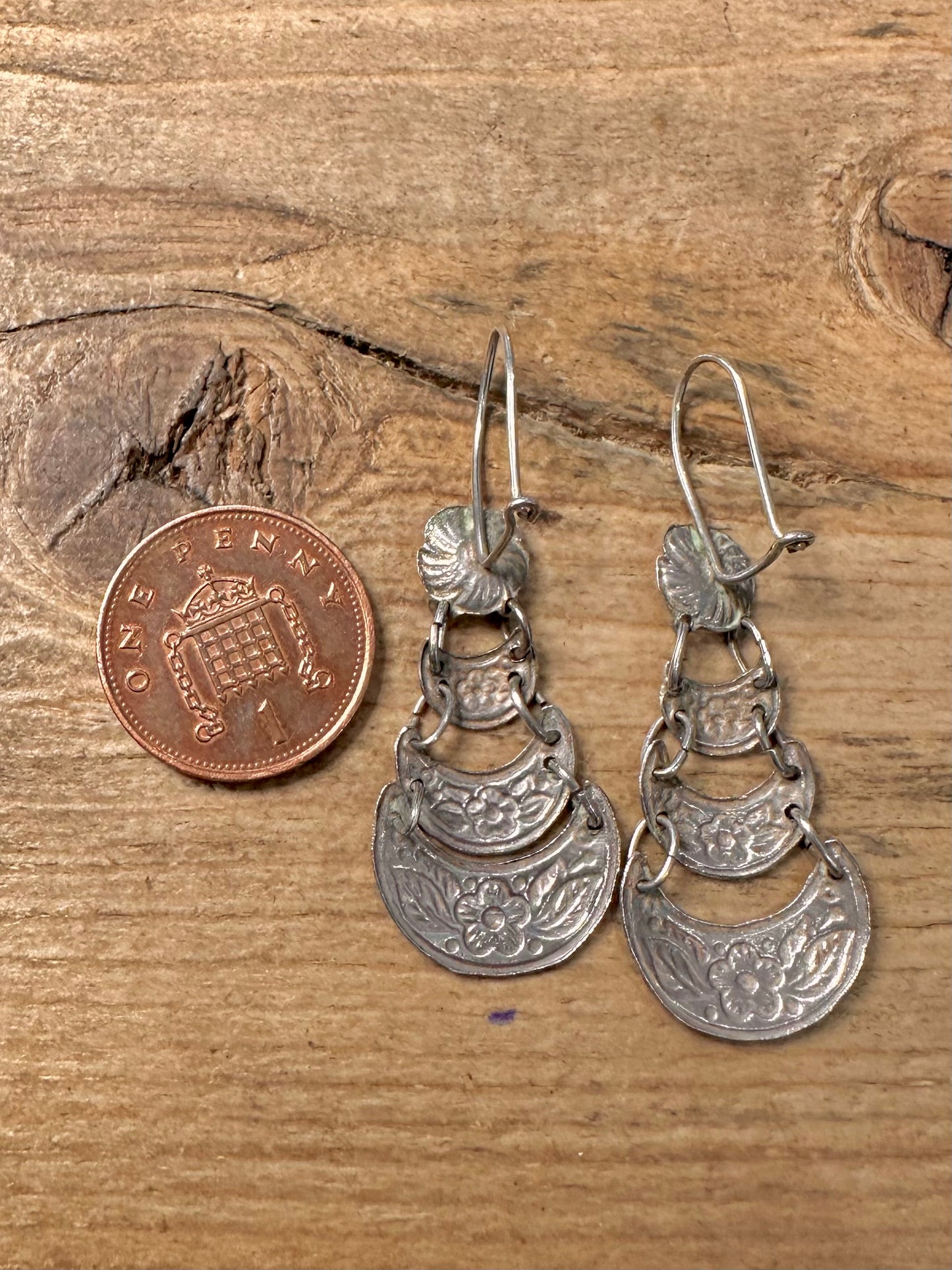 Vintage Floral Dangle Semi Circles 925 Silver Earrings