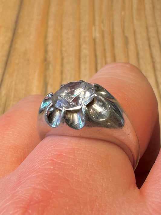 Vintage Large Cubic Zirconia Round Solitaire 925 Sterling Silver Size S Ring