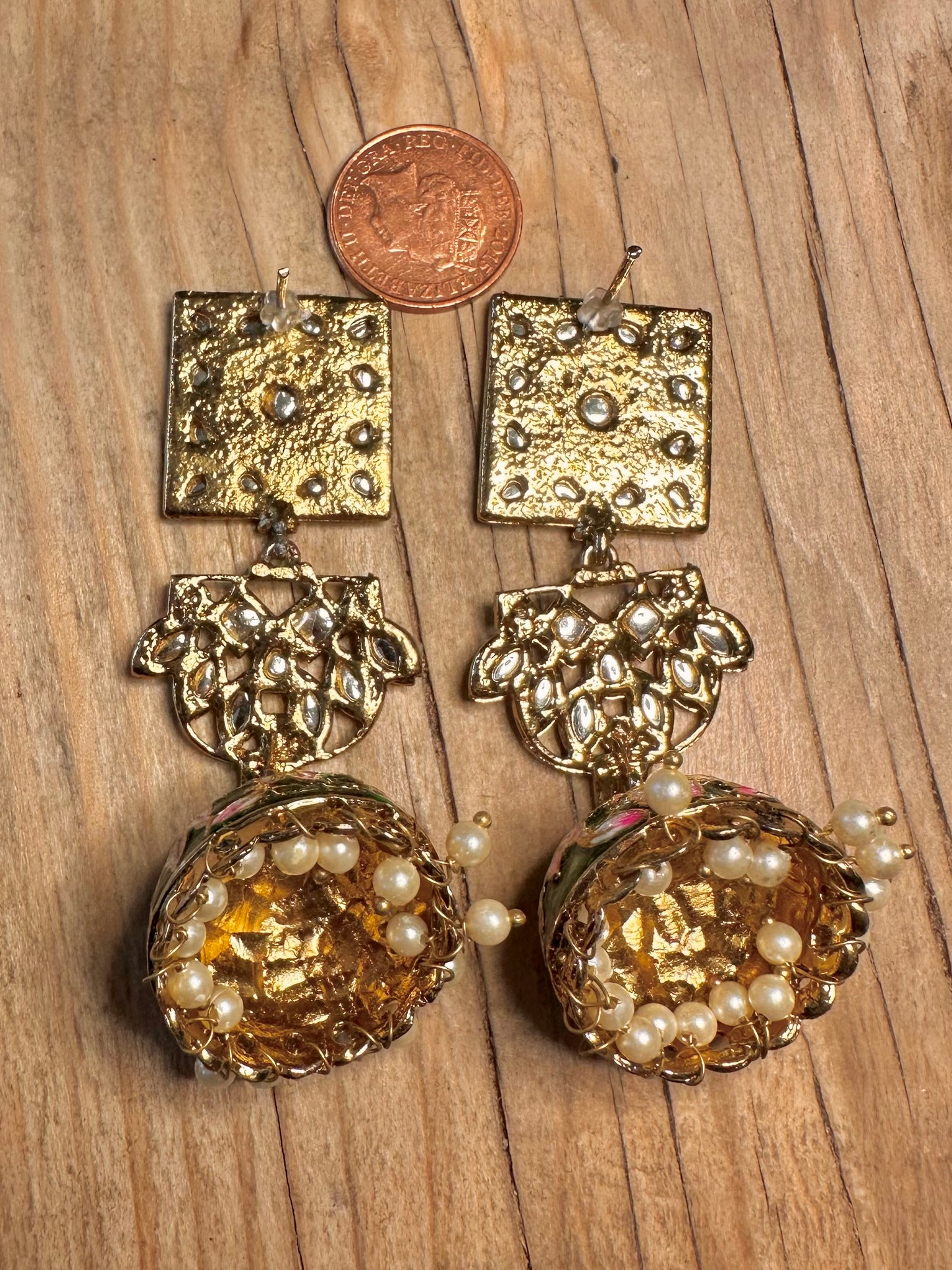 Vintage Enamel Flowers Large Dangle Gold Tone Costume Earrings