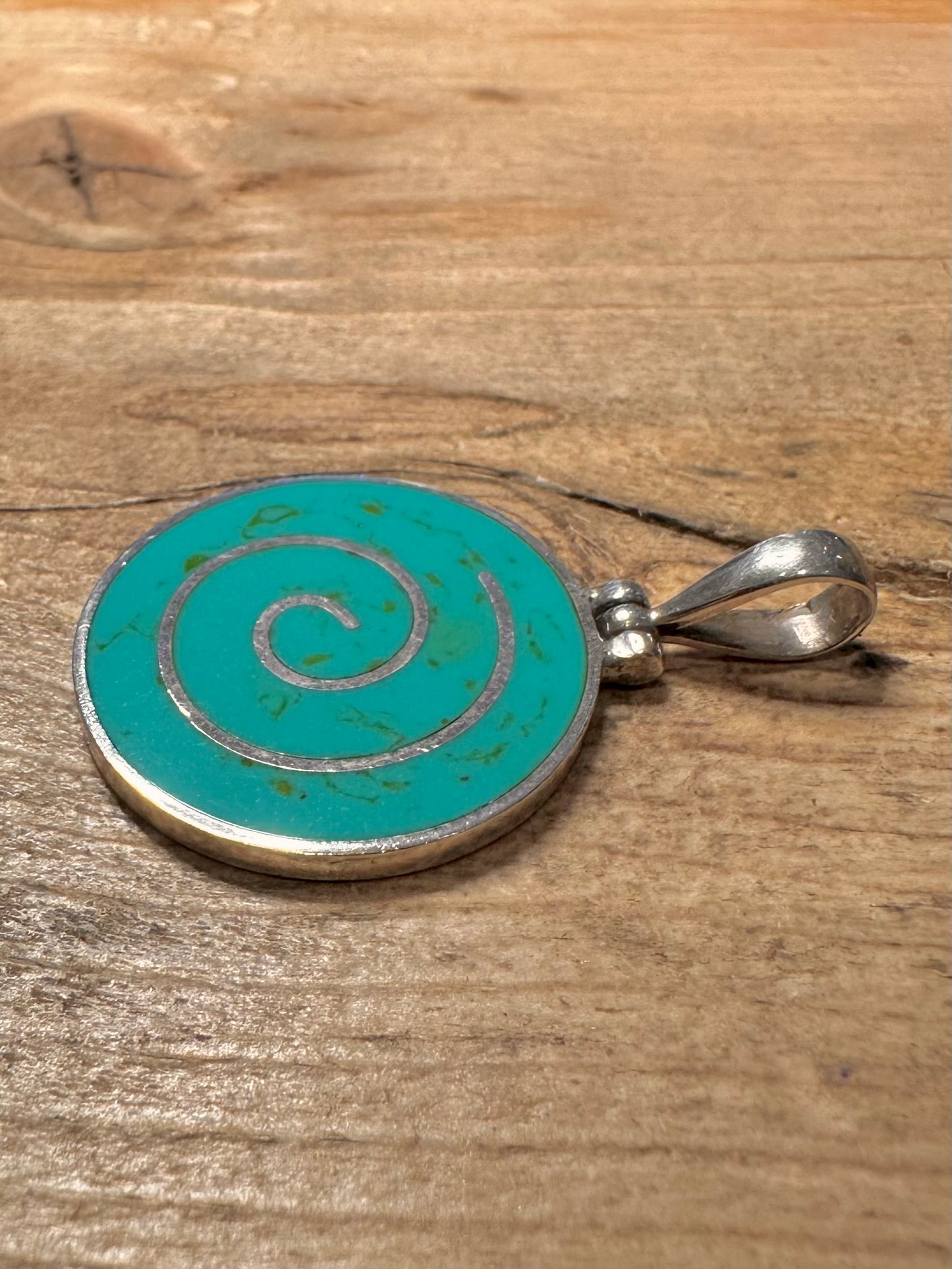 Abstract Polished Turquoise Inlay 925 Silver Pendant