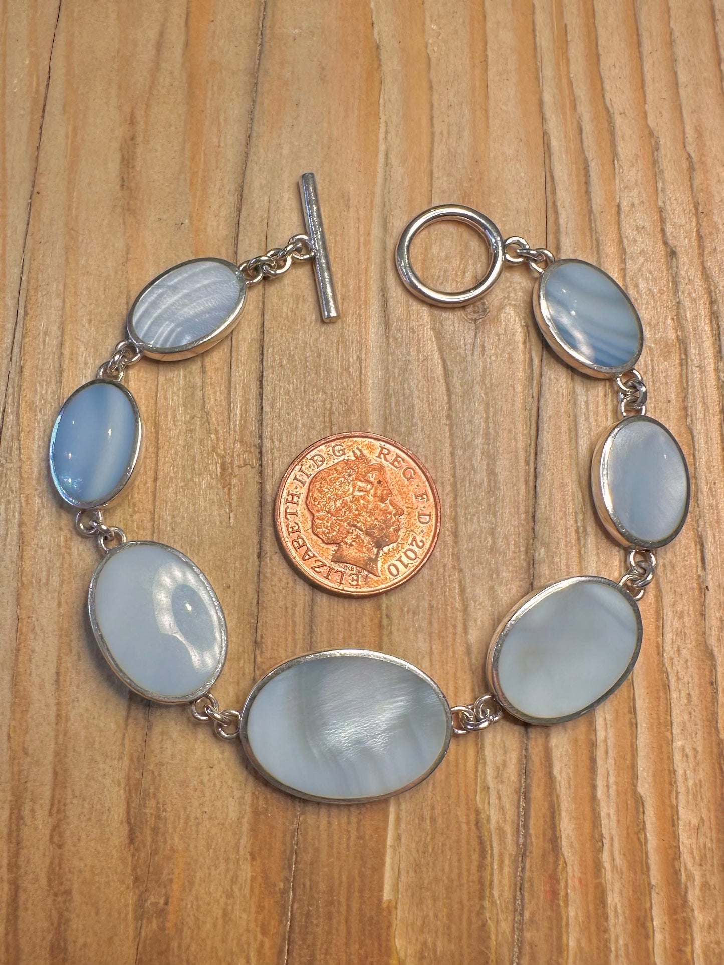 Vintage Blue Mother of Pearl Oval 935 Sterling Silver 7.6 inch Bracelet