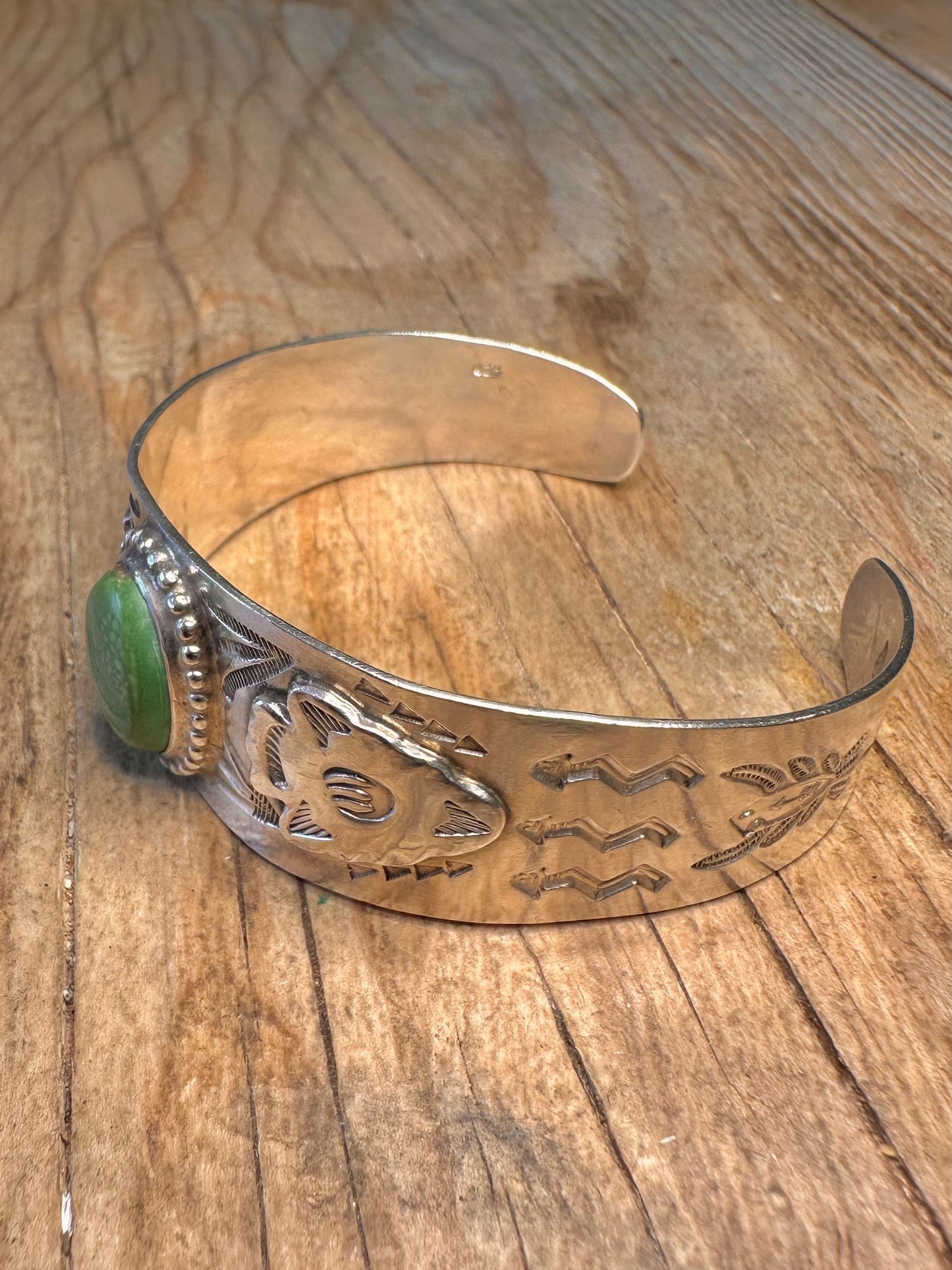 Vintage Navajo Green Turquoise Native Symbols 925 Sterling Silver Cuff Bangle