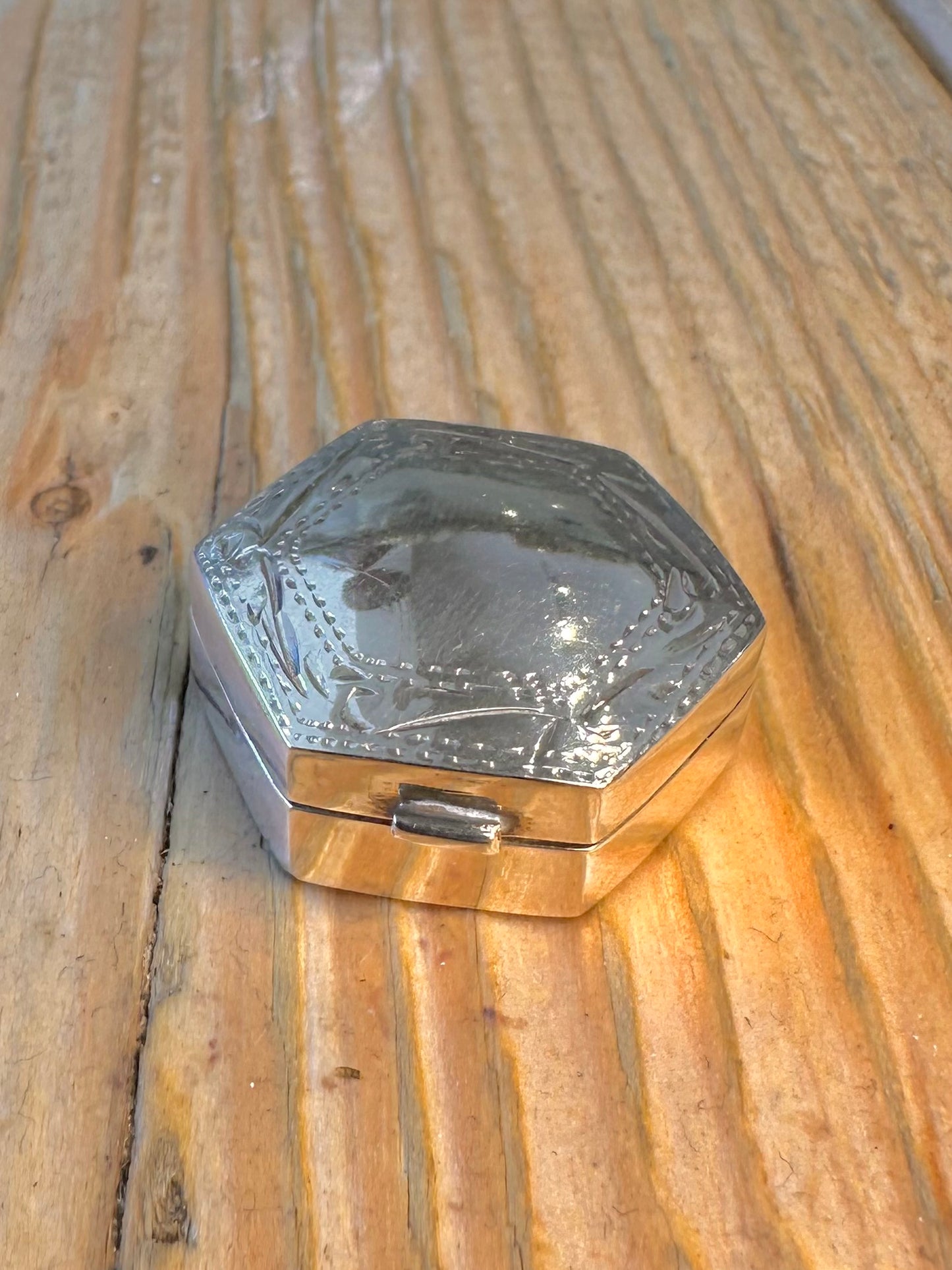 Engraved Hexagon Pill Box 925 Sterling Silver Collectable