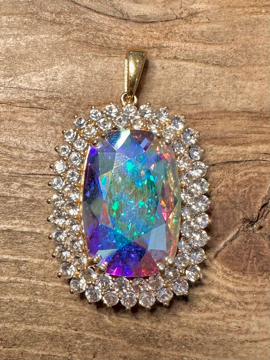 Modern Large Iridescent Stone Gold on 925 Silver Pendant
