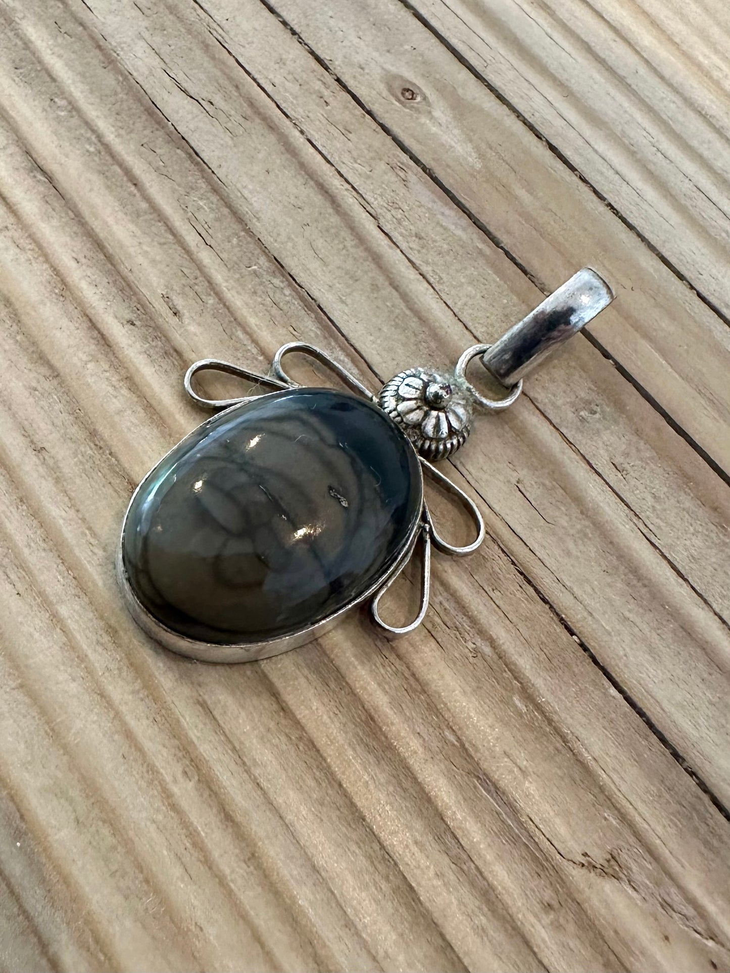 Vintage Black Agate Flower 925 Silver Pendant