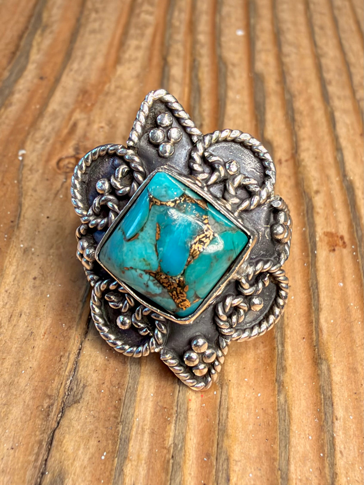 Ornate Turquoise Rope Beaded Border 925 Sterling Silver Size F1/2 Ring