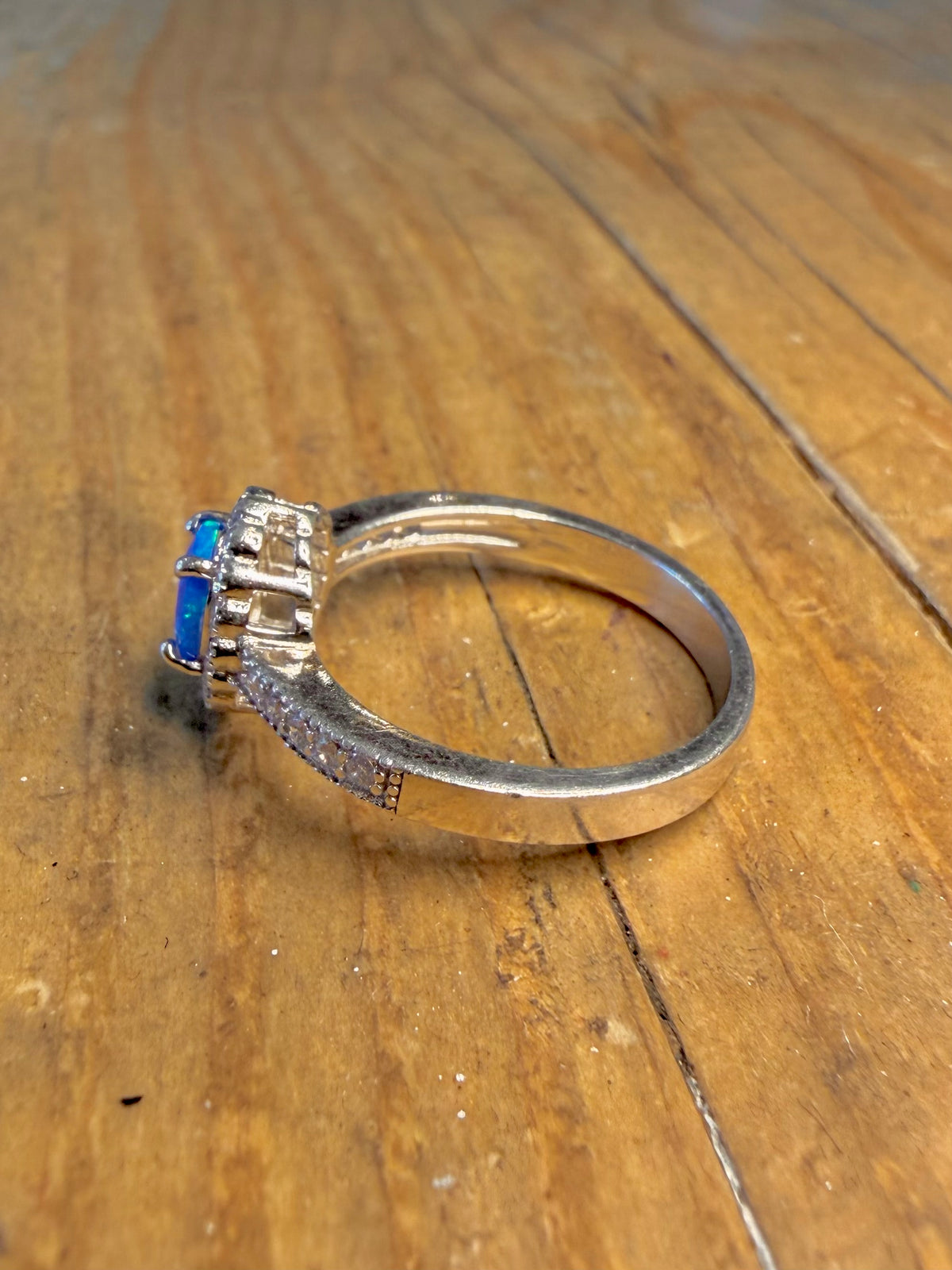 Blue Opal and White CZ 925 Sterling Silver Size Q Ring