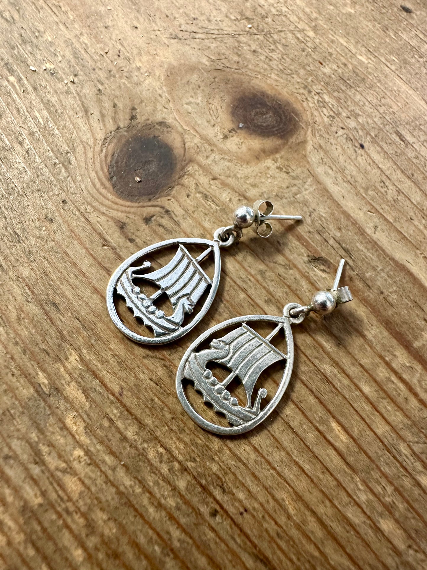 Vintage Viking Ship 925 Silver Earrings